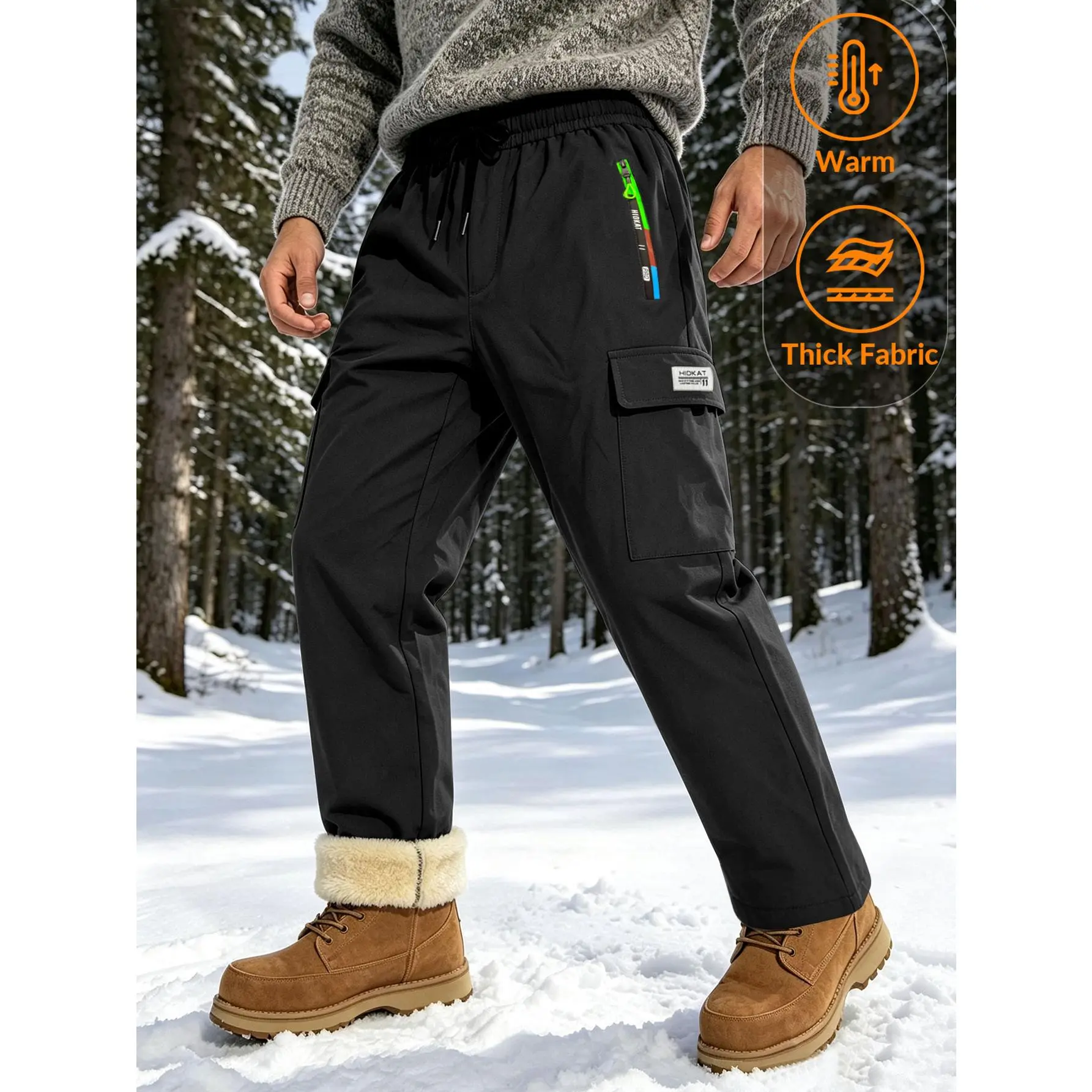 Winter Thermal Cargo Pants for Men, Sherpa Lined Heavyweight Snow Pants, Zipper Side Pocket Design, Wind Resistant Casual Work Trousers for Cold Weather