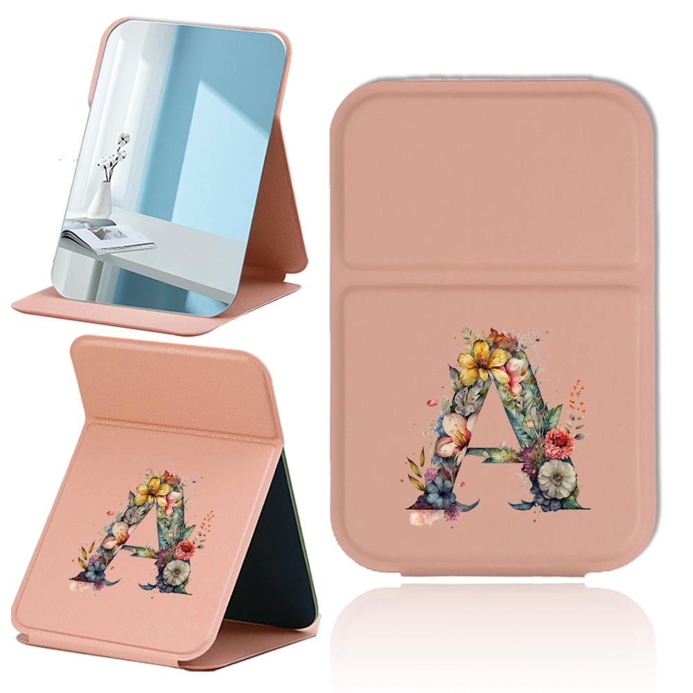 Compact Portable Pocket Makeup Mirror, Rectangular Design, Floral Letter Pattern, Ideal for Travel & Daily Use