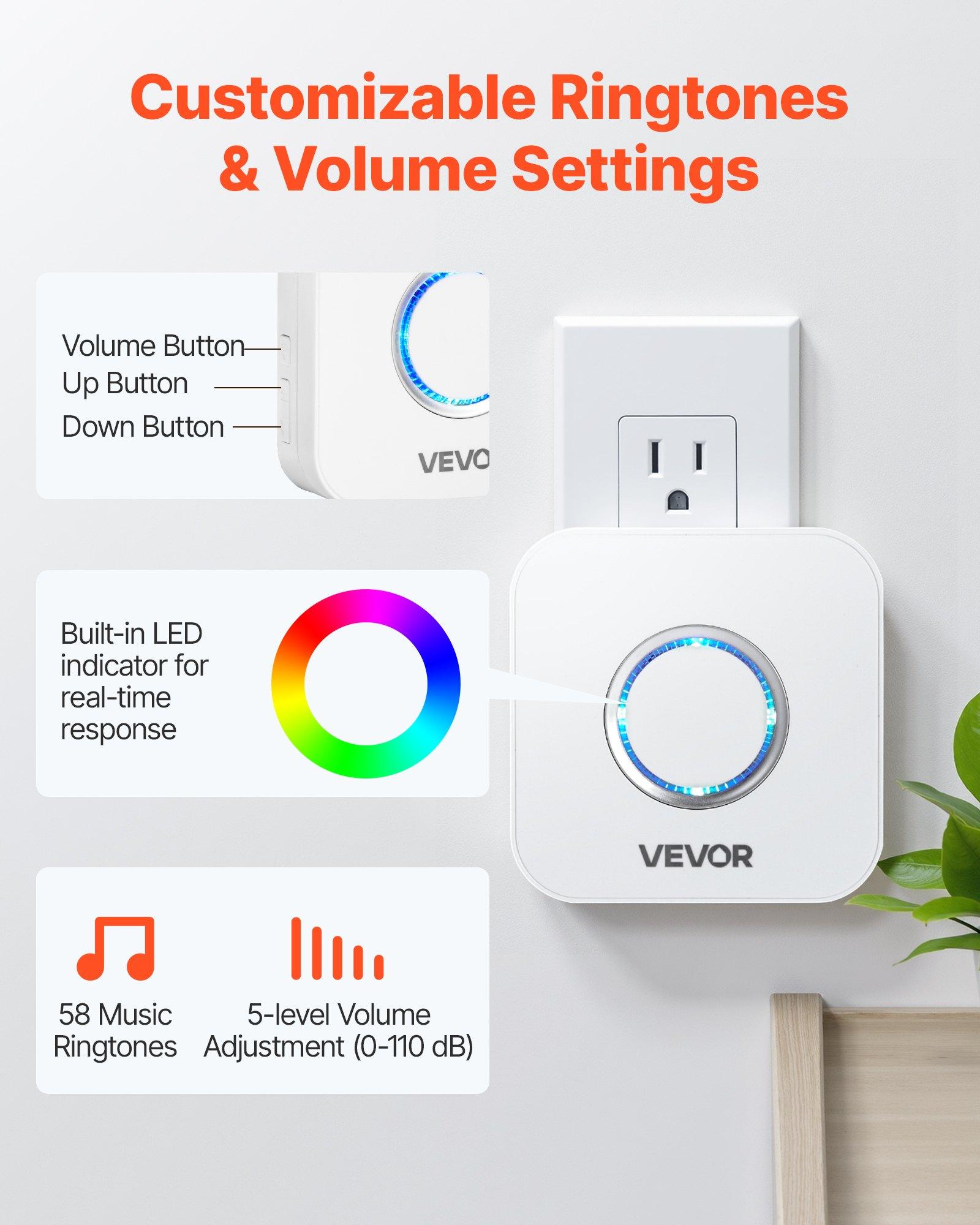 VEVOR Door Chime, DC 12V, Wireless Door Open Contact Sensor Alarm Chime with 656 ft Range, 58 Chimes & 5 Adjustable Volume, Doors Ringer Alert for Business, Store, Home, Office When Entering