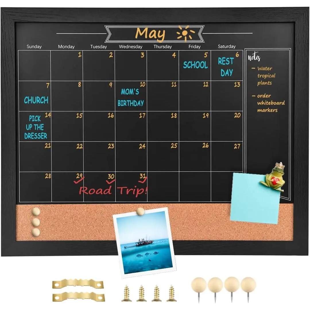 Chalkboard Calendar and Bulletin Combo Board. 13" x 17" Black Wooden Frame, Chalkboard. for Office,  School Message Board,HBZHB-BK3442-