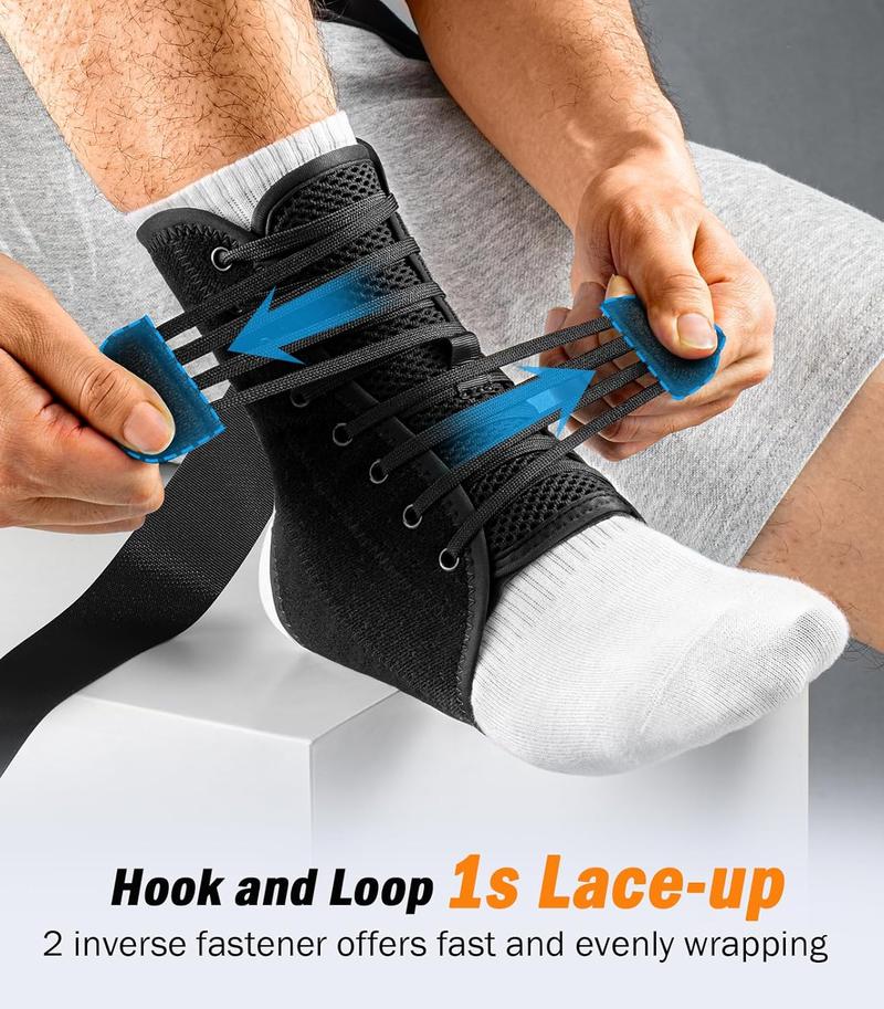 Slim-Fit Ankle Brace for Sprained Ankle, Velcro Lace Up Ankle Support for Women Men With 2 Auto-Shaped Pads, Air Fabric Cool Ankle Stabilizer for Injury Recover, Running,Sports, M(12"-13")