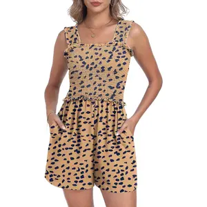 Women's Summer Casual Rompers Dressy Smocked Loose Comfy Short Jumpsuits Vacation Outfits With Pockets(Gift)