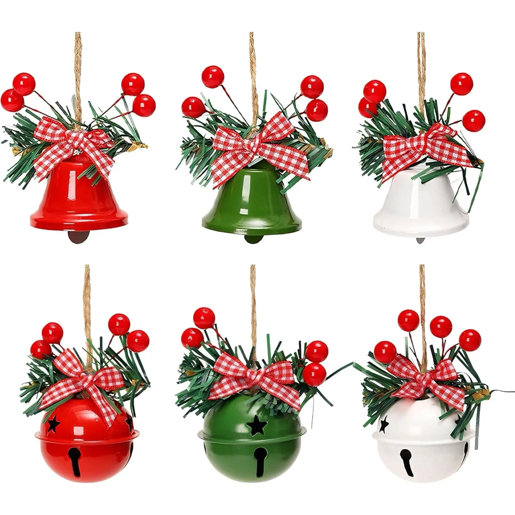 Christmas Bells, 2.25 Inch Metal Decorative Bell, Star Cutout Christmas Tree Ornament, Holiday Crafts, Rustic Home Hanging Decor, Set of 6
