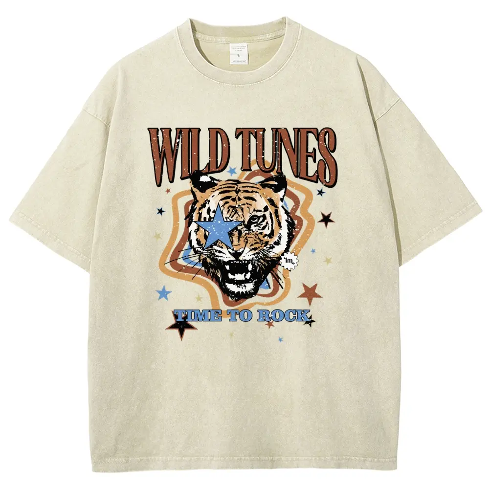 Unisex FEARLESS Traditional tattoo tiger, cherry blossoms and flames Graphict Washed T-Shirt Personalized Pattern Y2k Clothing Round Neck Washed T-Shirt,Women's Clothing 100% Cotton, Menswear, Top, Vintage Style,Summer Casual Oversized