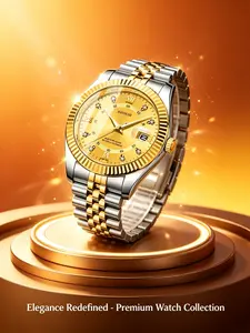 Luxury Two Tone Silver Color Men's Watch, Diamond Dial Date, Stainless Steel Quartz Wristwatch, All Seasons