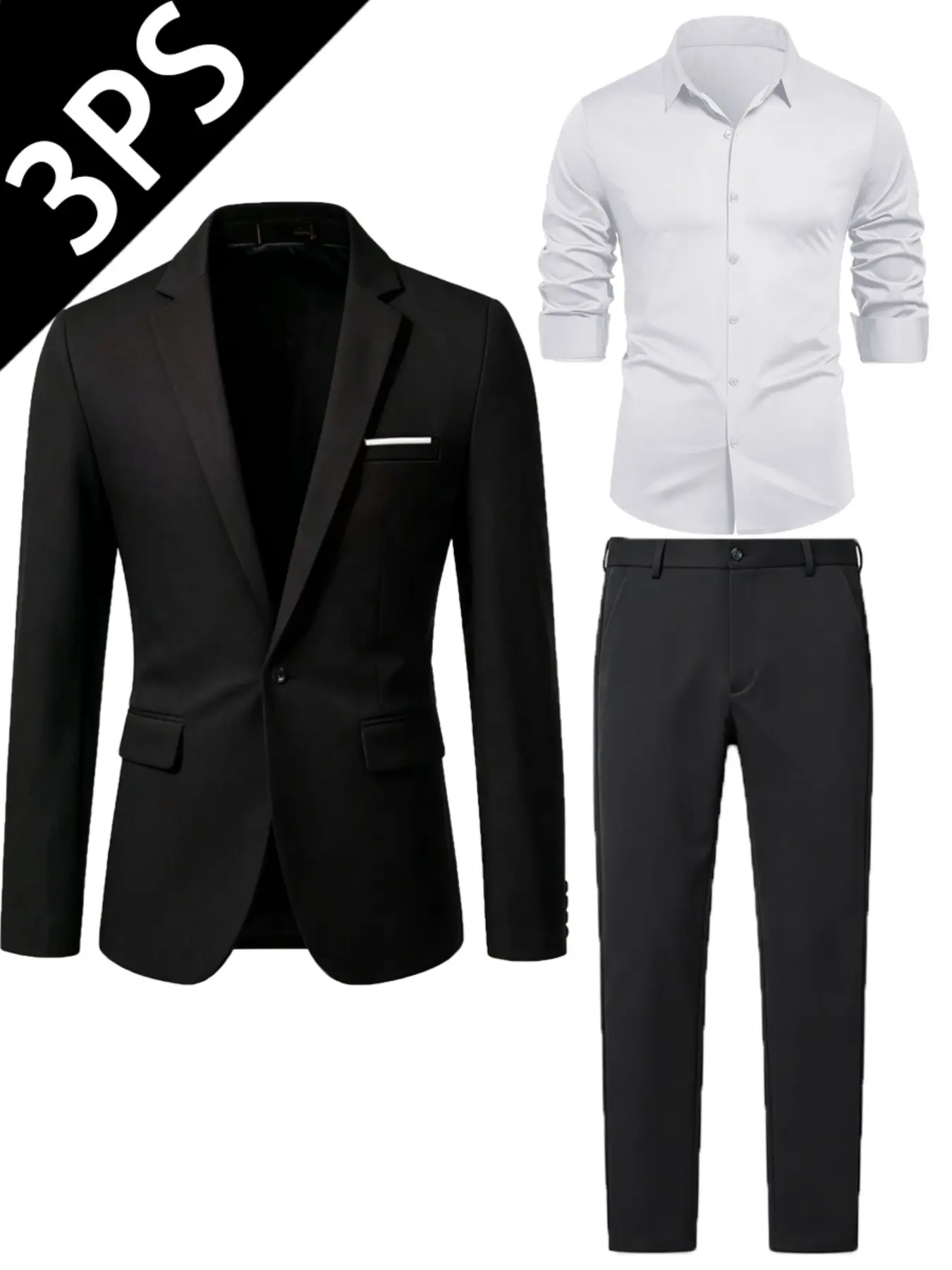 Men's Business Plain Single Button Suit Three Piece Set, Slim Fit Blazer Top Shirt Pants, Formal Office Wear Ensemble Business Attire Clothes