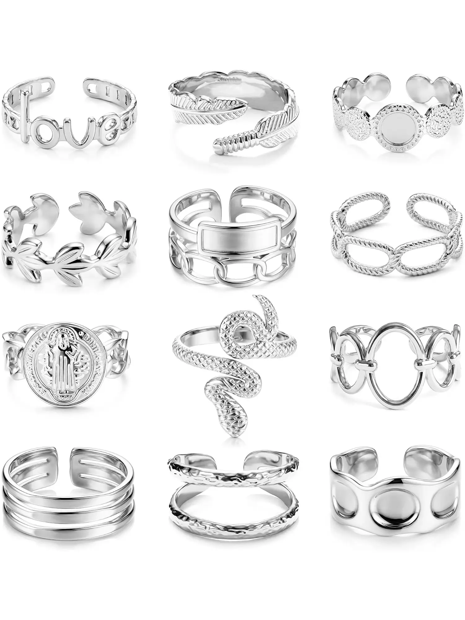 12 Pcs Sliver Rings Set for Women Stainless Steel Non Tarnish Statement Rings Pack Stacking Boho Midi Rings Adjustable Open Ring Band Twisted Signet Rings