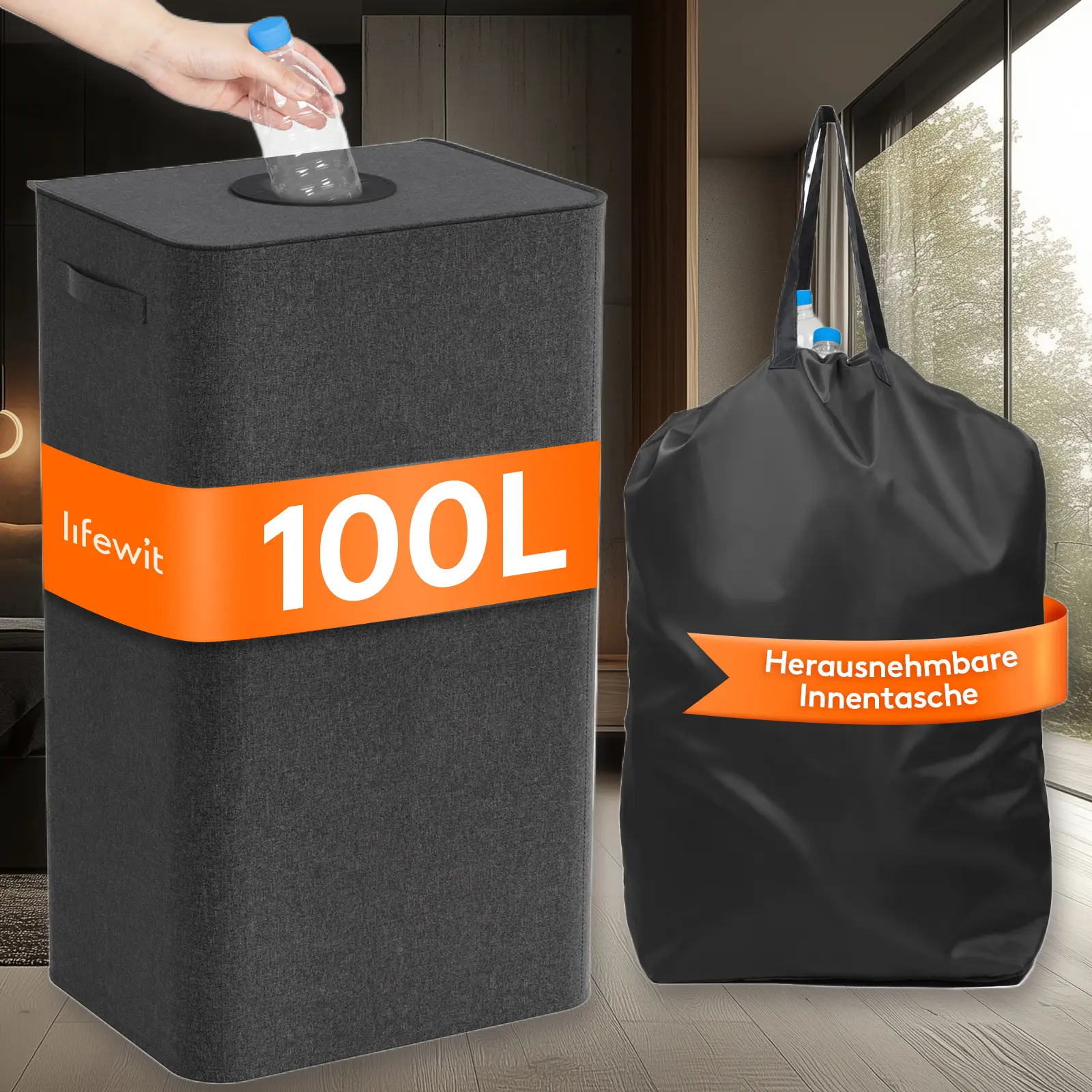 Large Capacity Heavy-Duty Canvas Bottle Collector Trash Can with Opening Mechanism Foldable Design, Ergonomic Handle & Labelled Compartments for Deposit Return Systems, Glass/Bottle Storage Ideal for Home, Office, Events Space-Saving & Durable Organizer