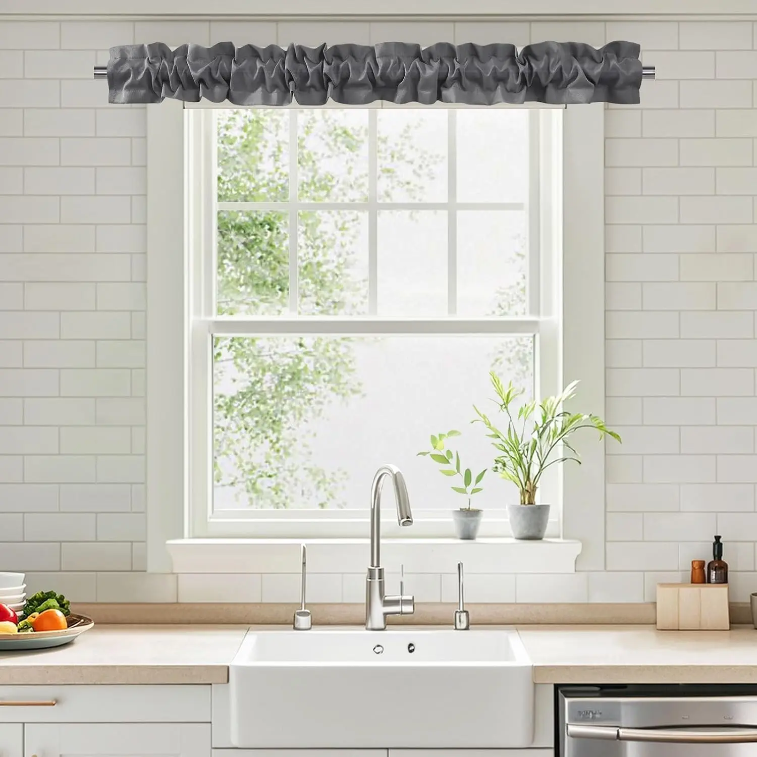 Sleeve Topper with Top Bottom Ruffle Sleeves Valances Home Décor Window Treatment Bedroom Nursery Kitchen Window Curtain Header, 58" x 5",1 Piece, Plain-Grey
