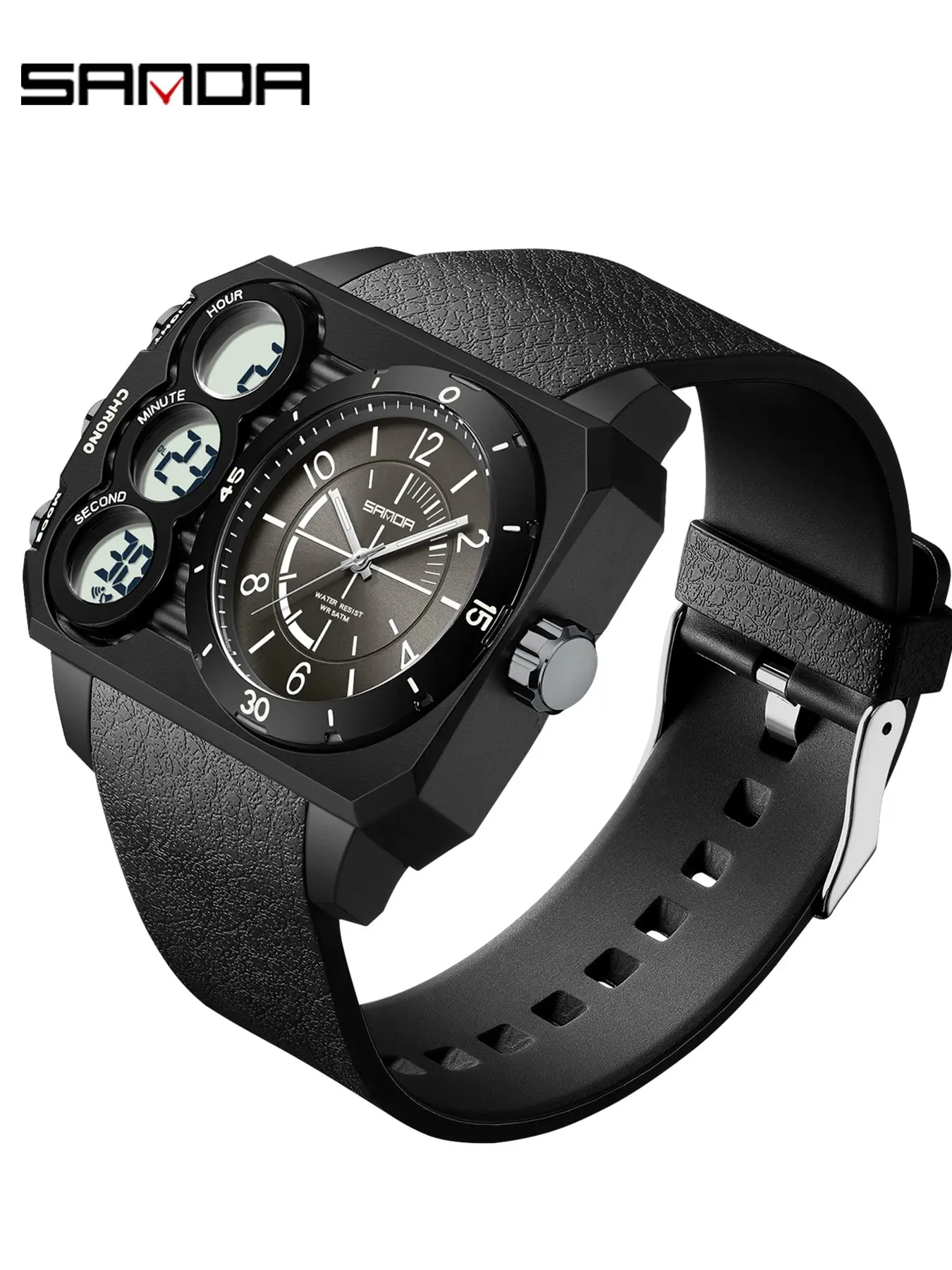 Rectangle Large Dial Men's Watch, Analog Digital Wristwatch Waterproof, Dual Display Multifunctional, Quartz Watch, Quartz Wristwatches Ideal for Holiday Birthday Gifts