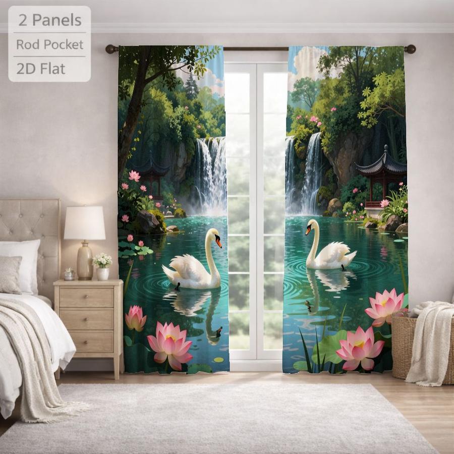 2Pcs Asian Landscape White Swan Lotus Pattern Sun Blocking Curtains Digital Printed Rod Pocket, Window Treatment For Bedroom Office Kitchen Living Room Study Home Decor