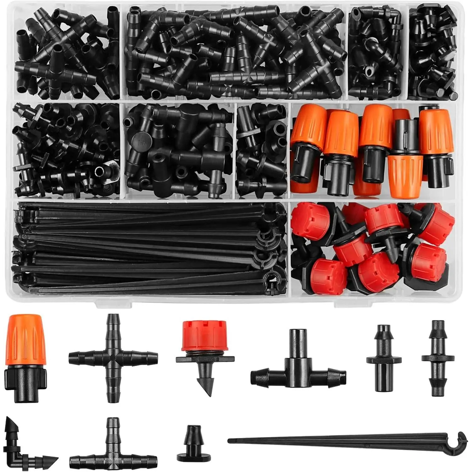 Drip Irrigation Fittings Kit for 1/4 Inch Tubing, 240 Pcs 1/4" Drip Line Barbed Connectors for Drip Systems - Nozzles,Micro Drips,Single Barbs,Tees,Couplings,Cross,End Plugs,Elbows,Hose Stakes