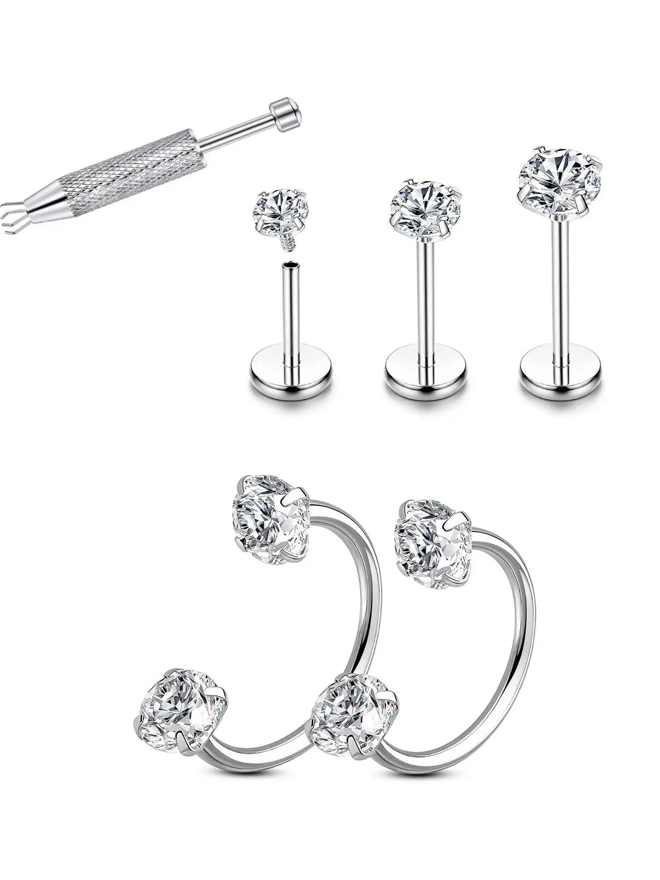 316L Stainless Steel CZ Body Piercing Kit, Round Prong Set Crystal Labret Studs & Horseshoe Septum Rings, Hypoallergenic Nose Lip Tragus Helix Ear Piercing Jewelry Set