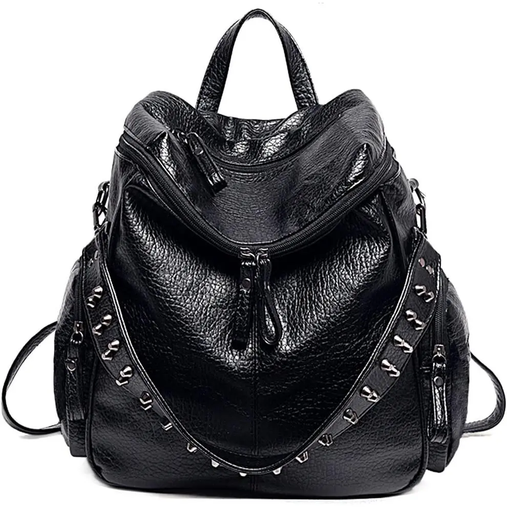 Women Backpack Purse PU Washed Leather Rivet Studded Convertible Ladies Rucksack  Bag