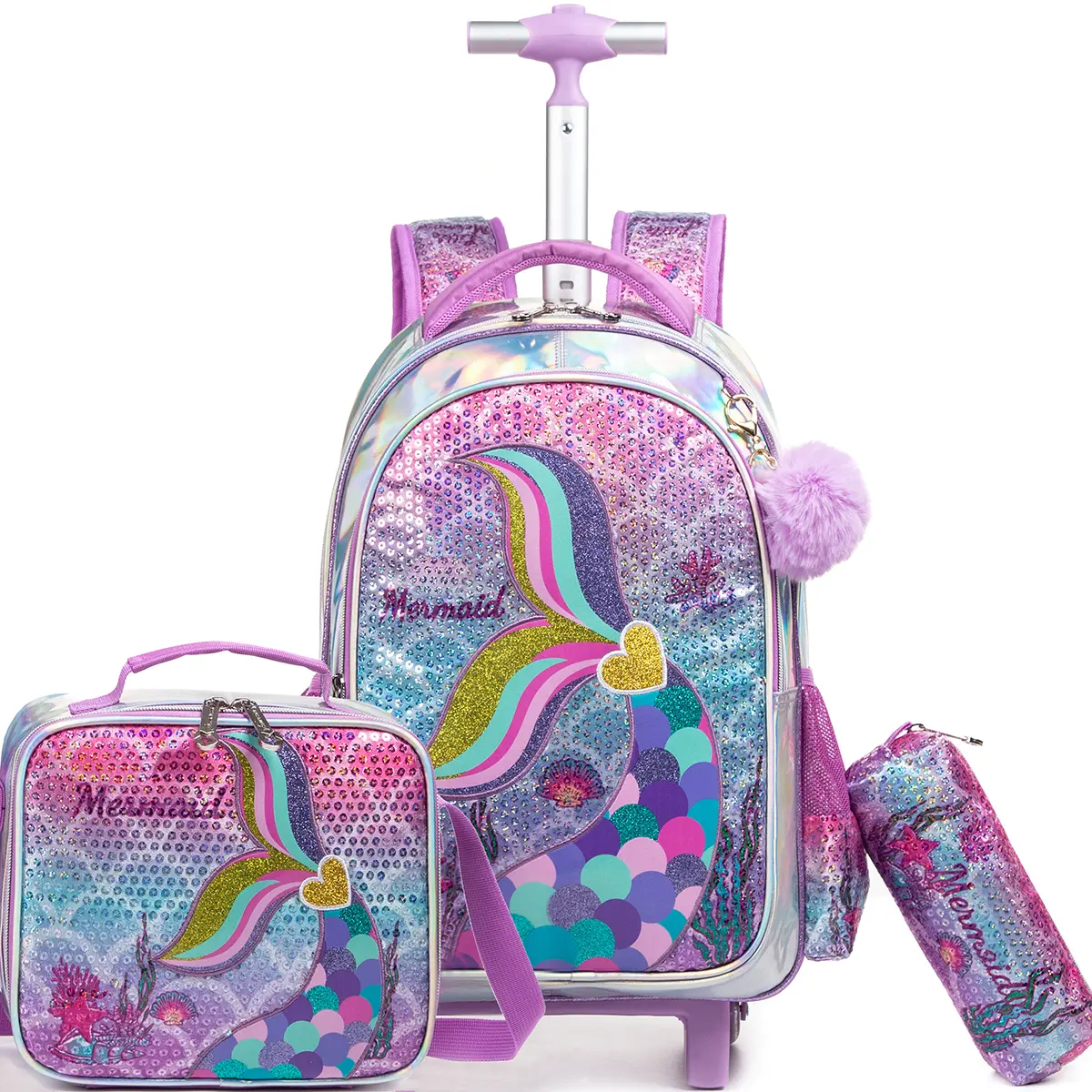 3-Piece Girls Sparkly Mermaid Rolling Backpack Set | Cute Rainbow Flip Sequin Schoolbag with 3D Tail, Insulated Lunch Bag & Pencil Case | Shimmering Wheeled Trolley Bookbag Gifts for Pre-K & Kindergarten