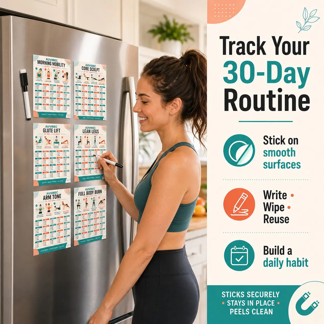 Auvirec 6-Piece Reusable Fitness Planner Set, 30-Day Workout Tracker, Pet Erasable Stickers, Includes Marker, Home Office Gym Use