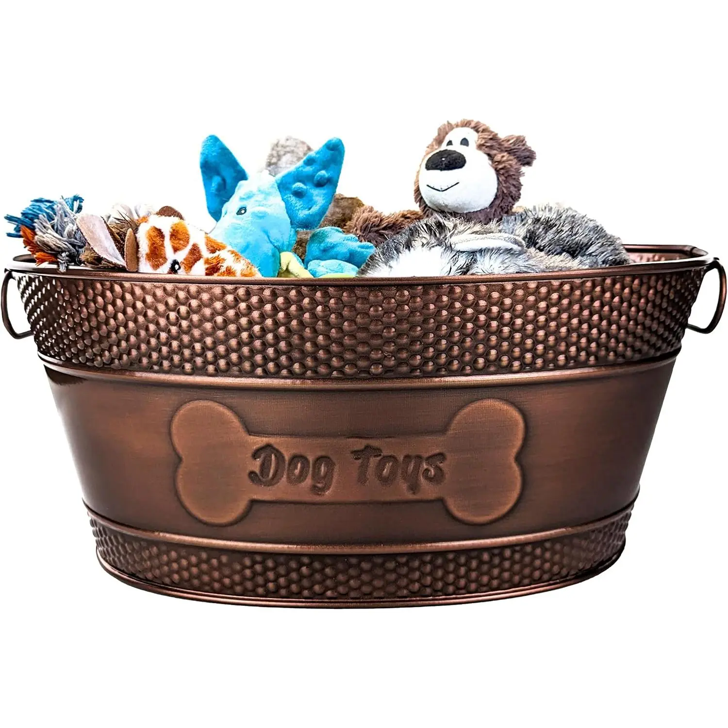 Indestructible Metal Dog Toy Bin - Copper Galvanized Storage Bin with Handles, Pet Storage Organizer for Ropes, Blankets, Leashes, Bone Design Pet Toy Box (15-Quart)
