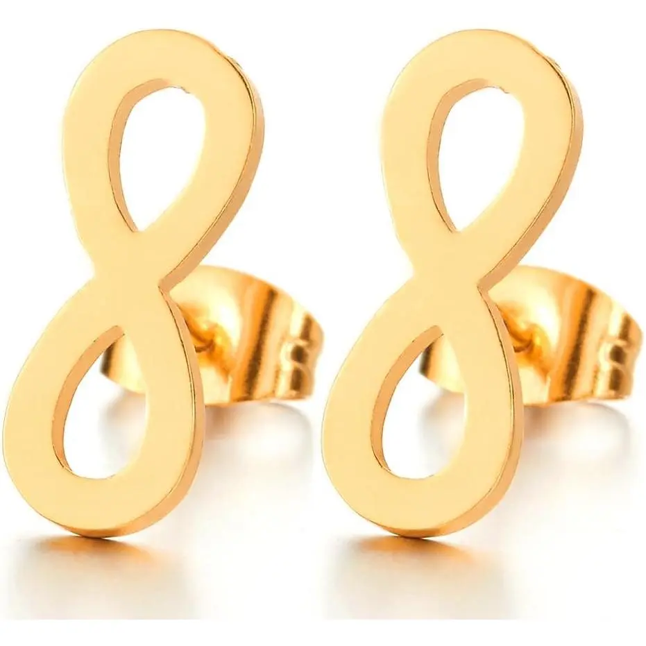 Unisex Modern Stainless Steel Number 8 Form Stud Earrings - Polished Finish, Thin Gauge Ear Design, Infinity Love Friendship Theme, 2-Count for Mens Womens, Unisex Wear, Casual Daily