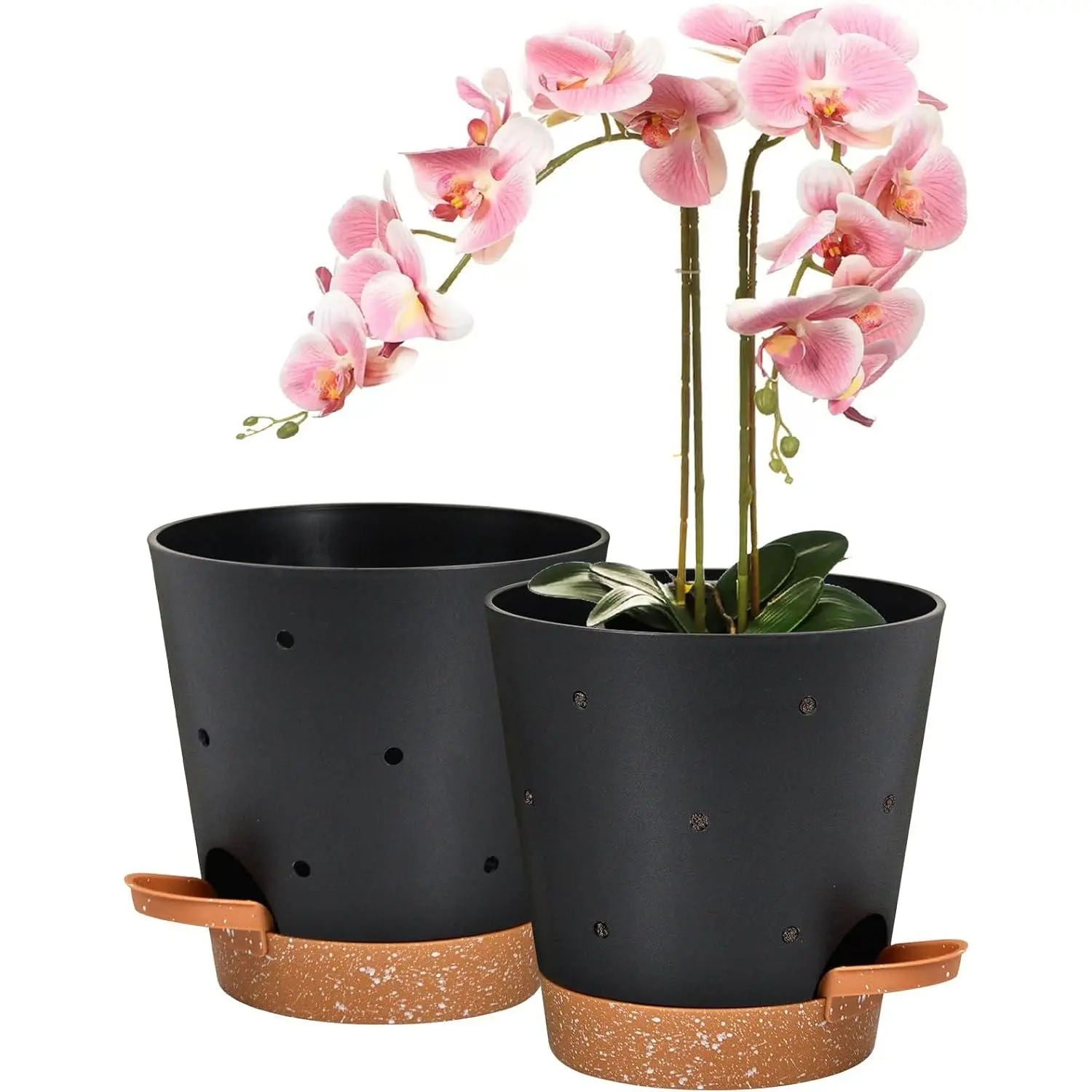 Orchid Pots with Holes, 6 Inch Self Watering Orchid Pot 2 Pack Plastic  Pots for Orchid, Flower (Black+Brown)