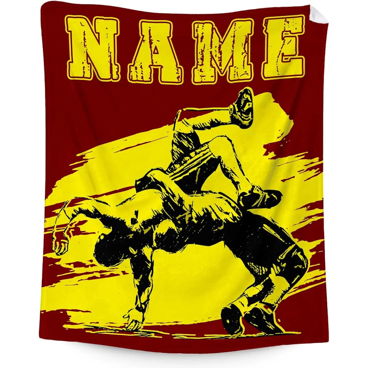 Custom Name Wrestling Wrestler Takedown Graphic Flannel Throw Blanket, Vintage Red Yellow Sports Fleece Blanket, Personalized Wrestling Decor Blanket, Gift For Wrestlers & Wrestling Fans