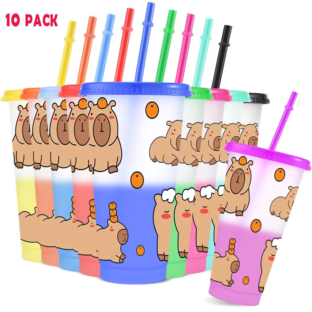 10pcs/24oz/710ml/Plastic Tumblers,Color Changing Cups With Lids And Straws,Iced Coffee Cups,Festive Gift Cute Cartoon Capybara Designs With Round Orange Decorative Elements,Perfect For Birthday Parties And Holiday Celebrations,Summer Gifts