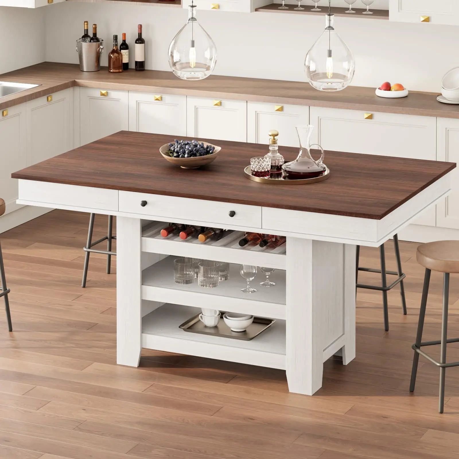 GARVEE 60-Inch Counter Height Dining Table for 4 - Farmhouse Rectangular Bar Table with Wine Rack & Shelves - Retro White & Brown Finish