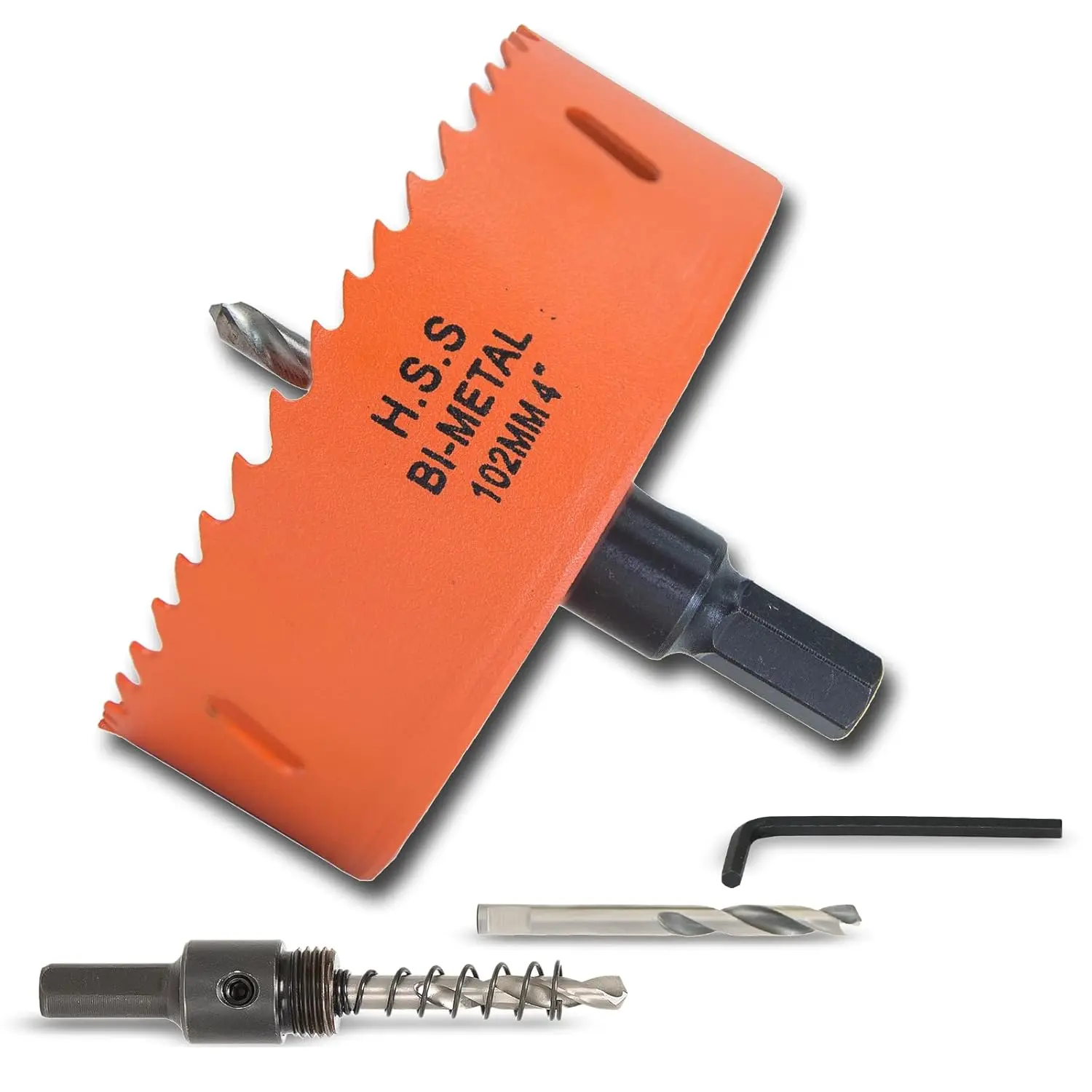 4-Inch Bi-Metal Hole Saw Cutter with Arbor Set, 102mm for Wood & Metal, Deep Gullets for Fast Chip Removal, Hex Key Grip, Smooth Clean Cuts, Heavy-Duty Lightweight Handy Power Tool Accessory