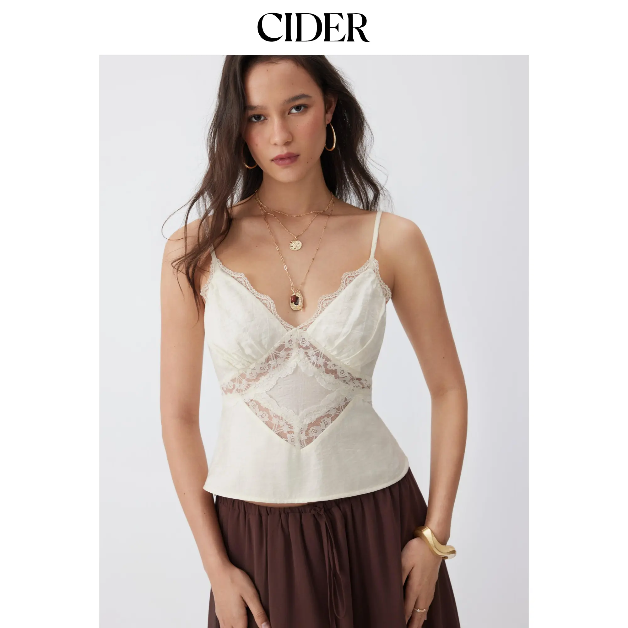 Cider Lace Trim V-Neck Slim Cami Blouse