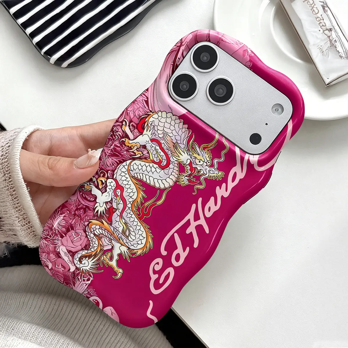 Classic Ed Hardy Tattoo White Dragon Pink Rose Print Phone Case ,Cute Wavy Curved Edge Glossy Protective Shockproof Rugged Cover, Dual Layer Soft TPU Bumper Hard Shell Design for iPhone 11 12 13 14 15 16 17 Pro Max Air, Y2K McBling Vintage Tattoo Art