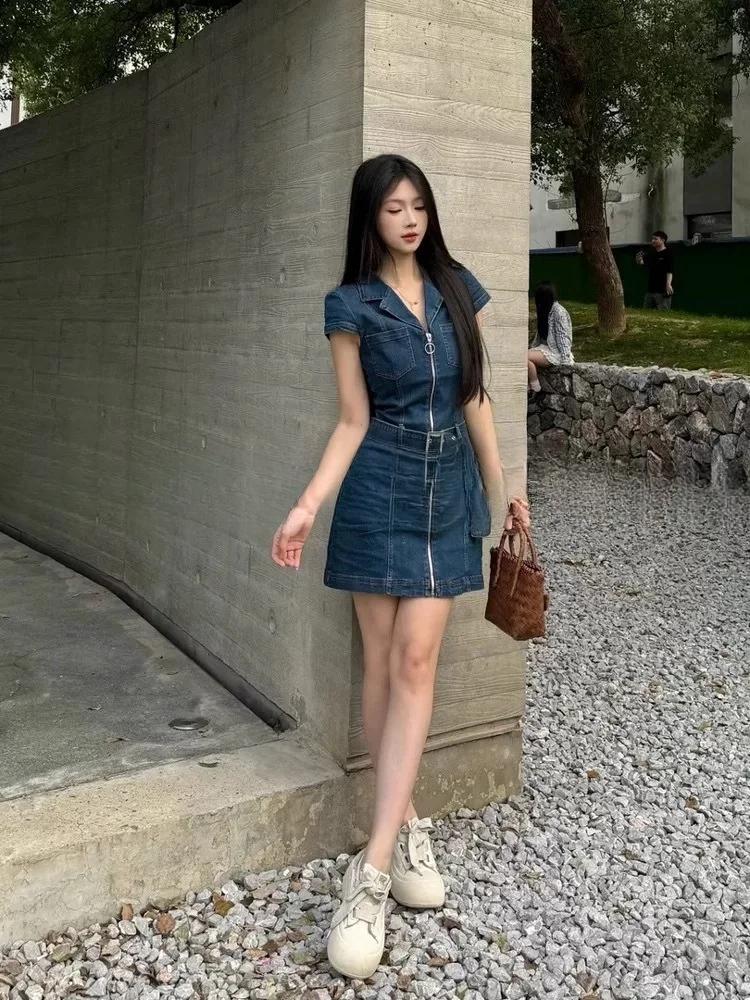 American Retro Black Denim Short Dress Women Summer Zipper Elegant Slim One Piece Dress Korean Fashion Design Casual Clothing American Retro Black Denim Short Dress Women Summer Zipper Elegant Slim One Piece Dress Korean Fashion Design Casual Clothing