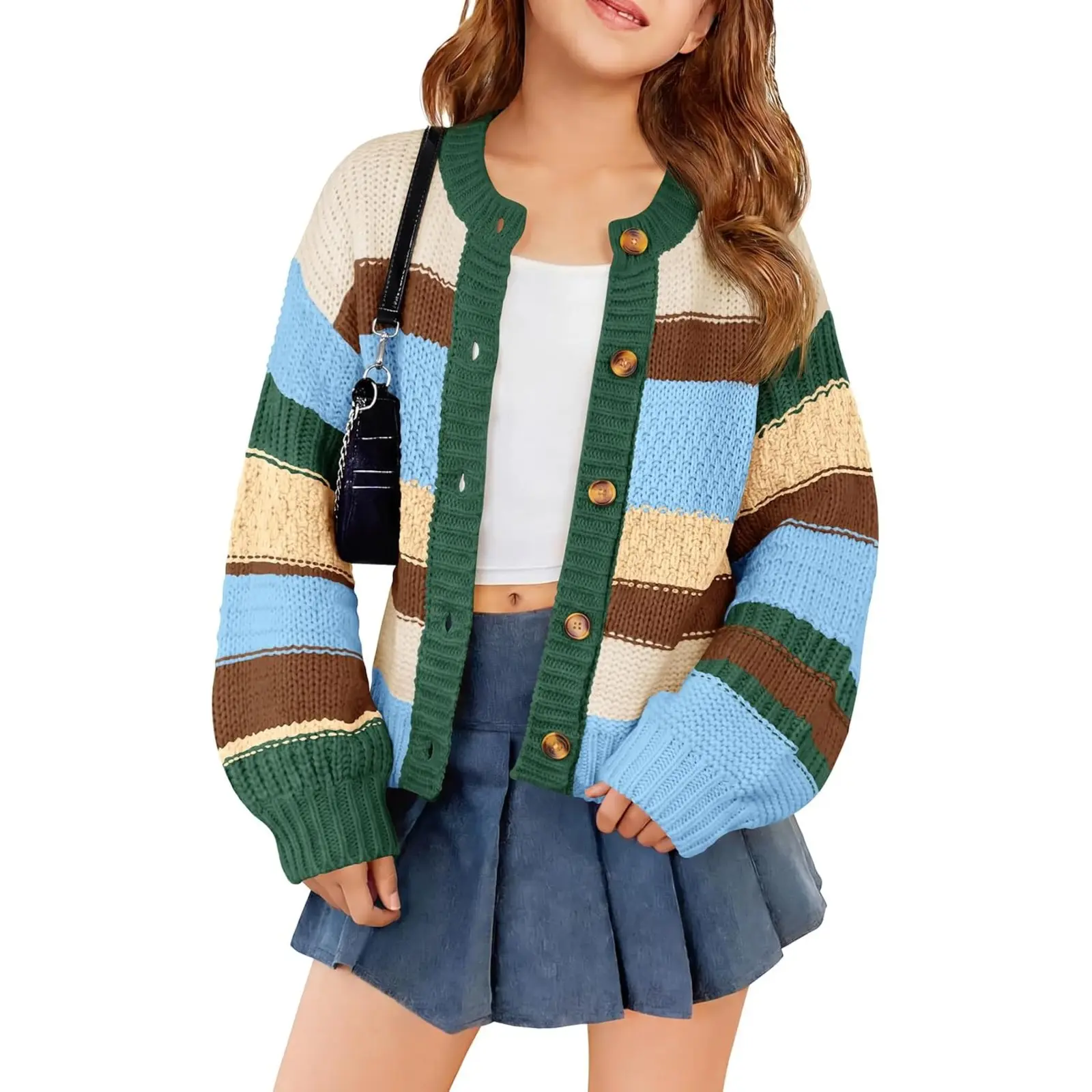 Haloumoning Girls Color Block Cardigan Sweaters Button Up Knit Sweater | Kids Color Contrast Chunky Knitted Sweater, Crew Neck, Button Down, Warm and Soft, Fashion Fall Winter Outwear 5-14 Years