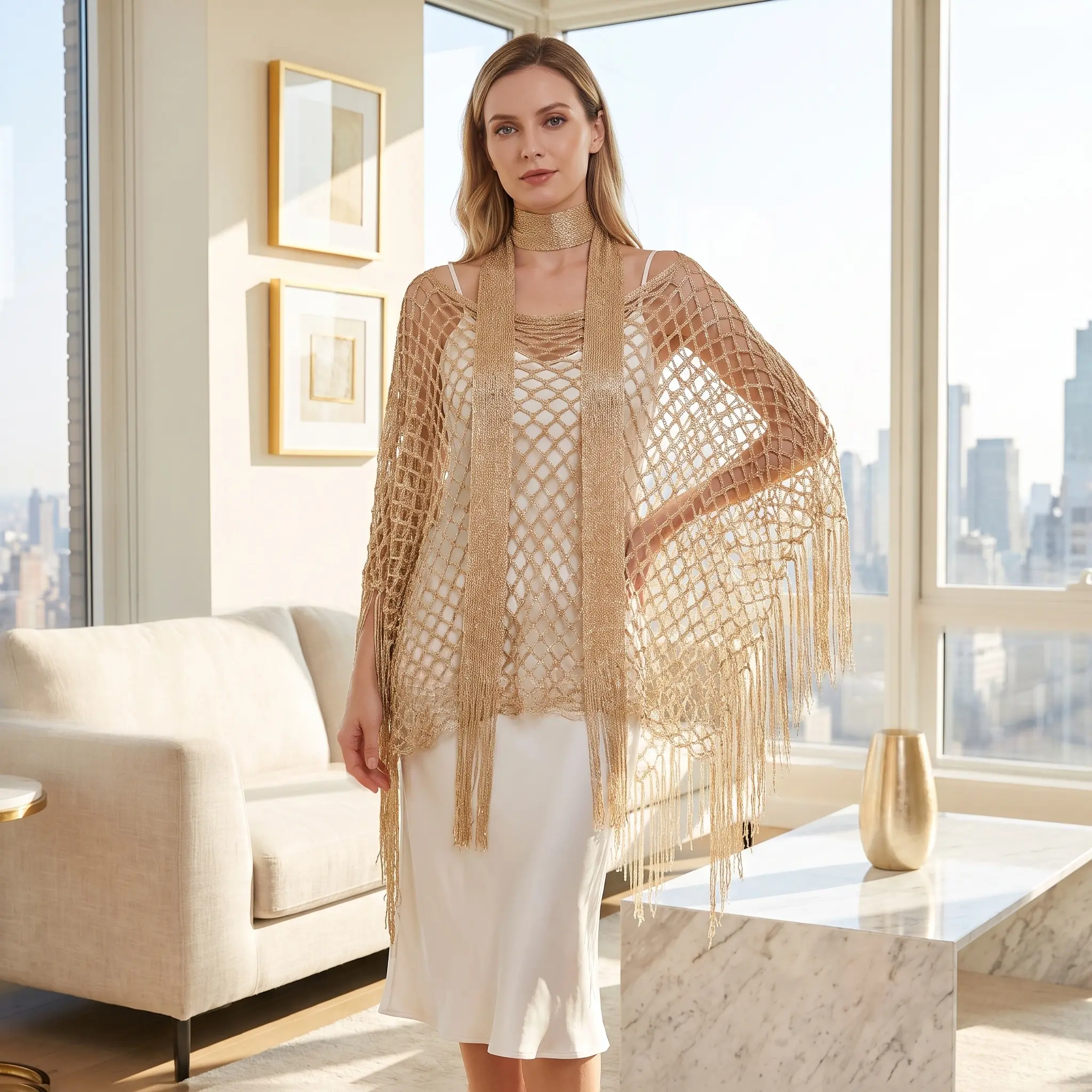 Cozy Fringe Shawl Poncho Set Trendy Chain Decor Cape For Women Casual Solid Color Scarf Cover Up Daily Wear Fashionable Layer Piece Lightweight