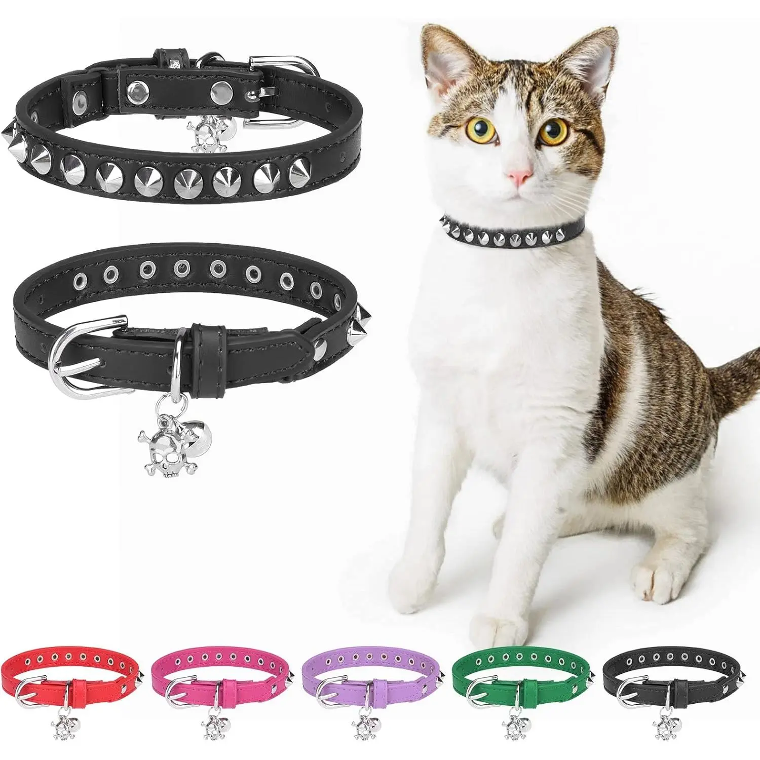 Leather Cat Collars for Boy Girl Cats with Bell and Safety Elastic Belt, Personalized Rivets Adjustable Safe Buckle Collar with Skull Charm for Kitty Small Pets, Black 7"-9"