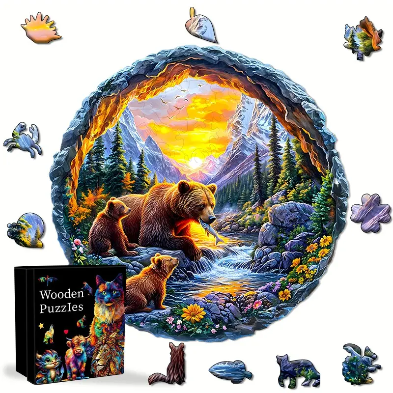 Round Wooden Puzzle, Mountain Bear, Creative Shaped Pieces, Brain Teasers, Room Decoration, Gifts, Cheap Toys, Puzzles