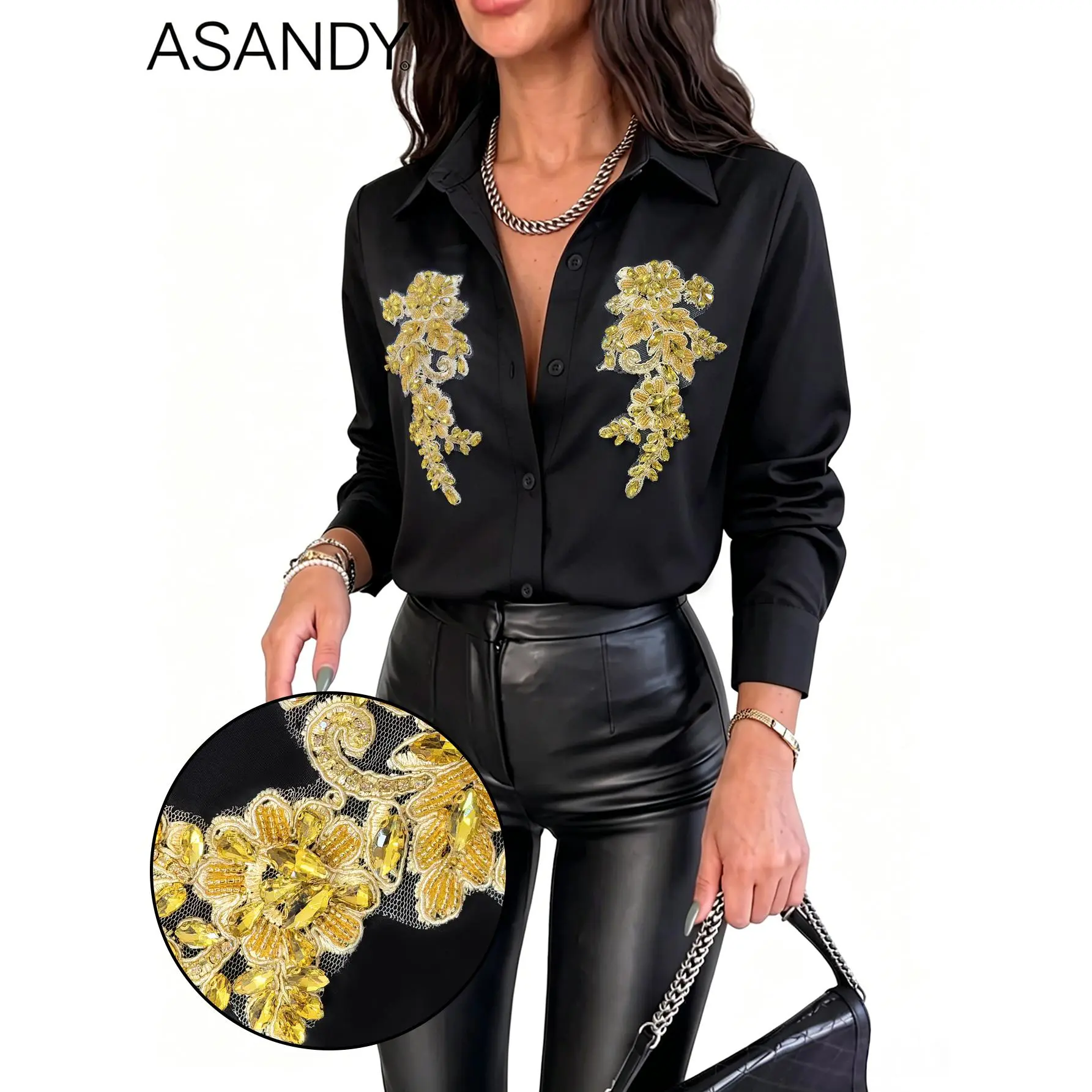 ASANDY Women's Oversized Satin Blouse, Classy Short Sleeve Button-Down Top with Floral Pearl Embellishments and Bow for Layering Outfits, Casual, Jeans, Everyday, Classy Tops, Style Inspo, Beaded Flowers