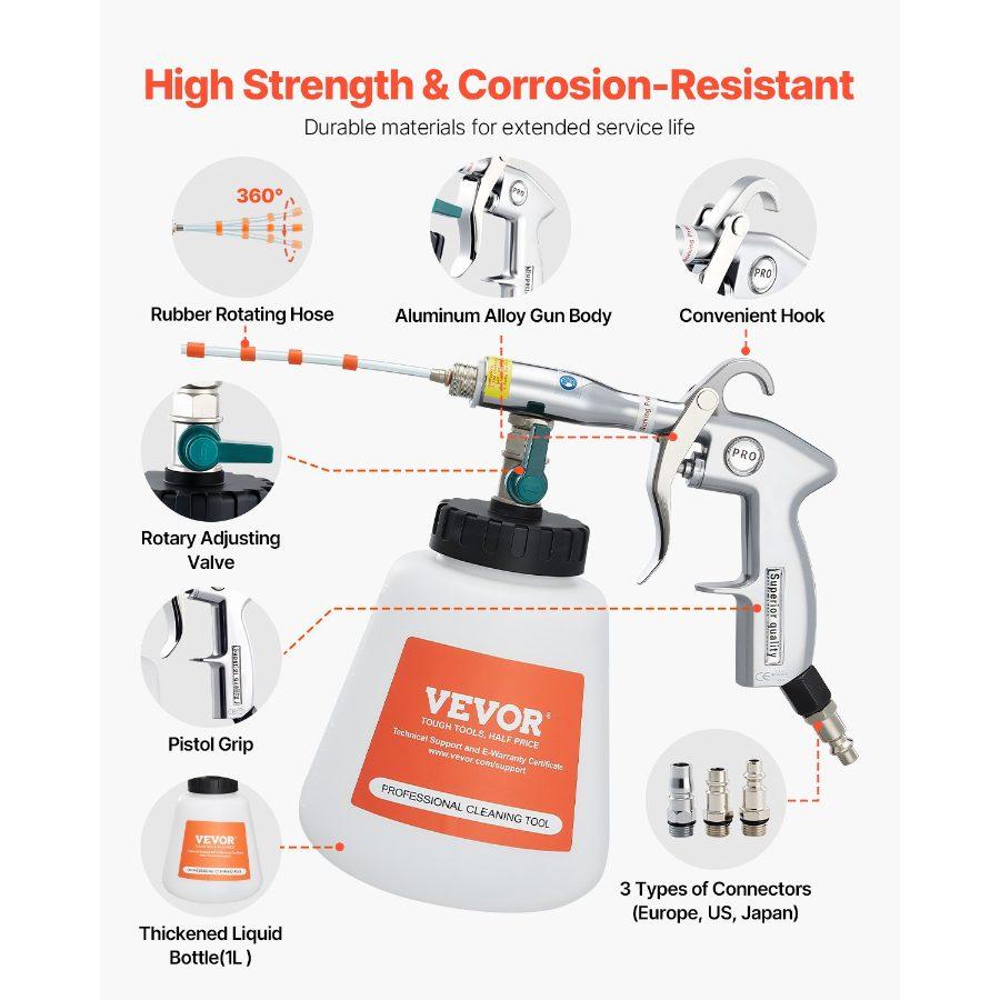 VEVOR Car Cleaning Gun, 6-9.2 Bar High-Pressure Air Blow Gun with 2 Set Nozzles, 360 Rotating Nozzle for Thorough Cleaning, Quickly Blasts Dirt and Dust from Surface, with 1/4 NPT Air Compressor