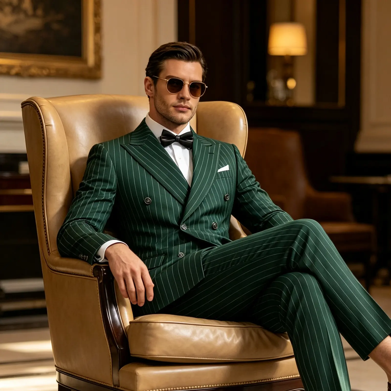 Double Breasted Pinstripe Suit for Men 2 Pieces, Striped Jacket Pants Set with Bow Tie, Formal Wedding Party Suit