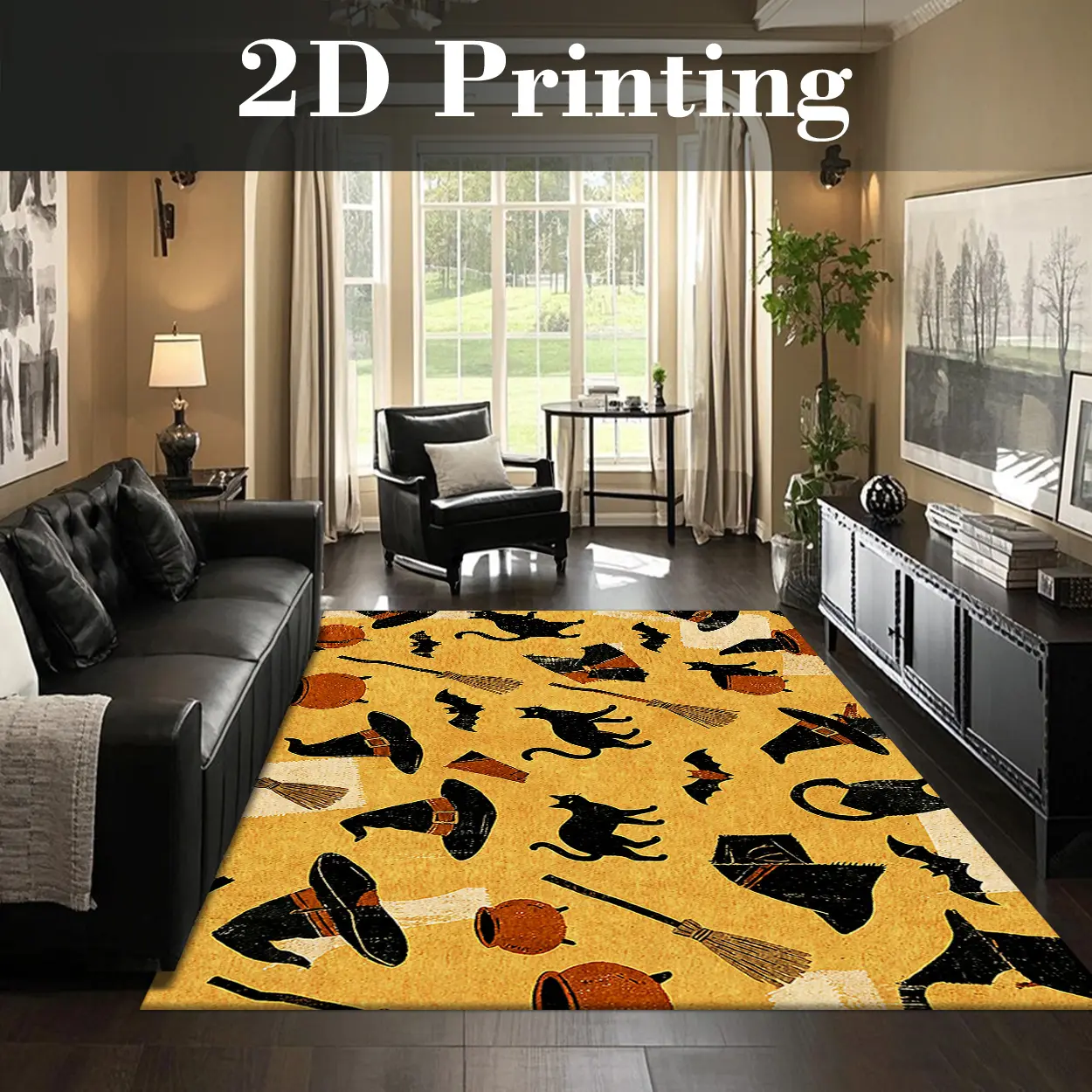 Retro Look Classic Halloween Witch Pumpkin Velvet Fiber Rug - Multi-Size, Local Delivery, Bedroom/Kitchen Indoor Space Decor, Premium Household Textile Carpet