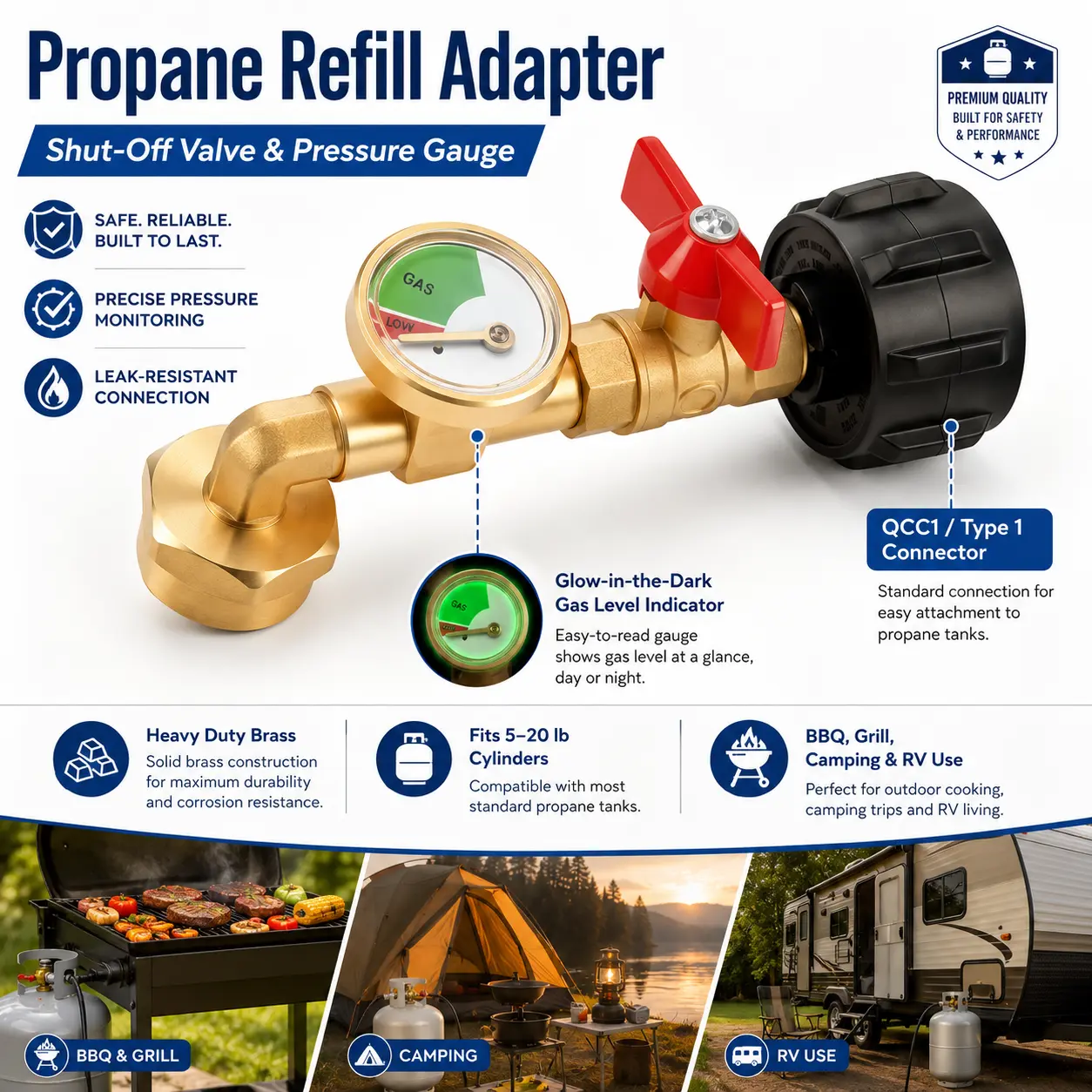 Heavy-Duty Brass QCC1/Type 1 LPG Propane Refill Adapter with Built-In Ball Valve & Pressure Gauge, Glow-in-the-Dark Gas Level Indicator, Durable & Safe Construction for 5-20 lb Cylinders, Outdoor Cooking, Camping Use