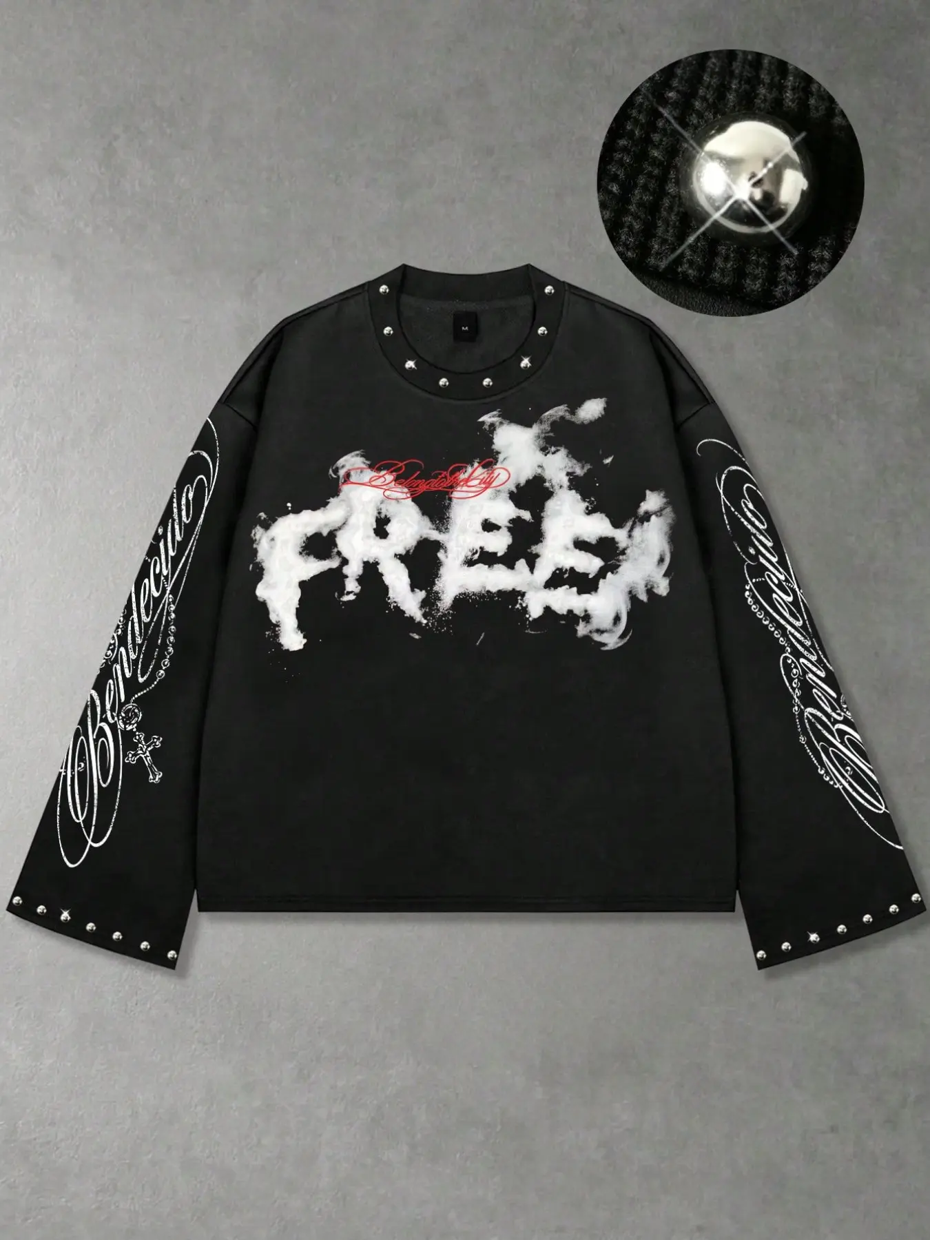 Smoke-Free Short Men's Long-Sleeve T-Shirt, American Dark Style, Unisex Long-Sleeve with Cloud Print, Floral Cross Lettering on the Sleeves, Silver Rivets on the Neckline and Cuffs, Loose Fit, Crew Neck, Trendy Autumn Streetwear
