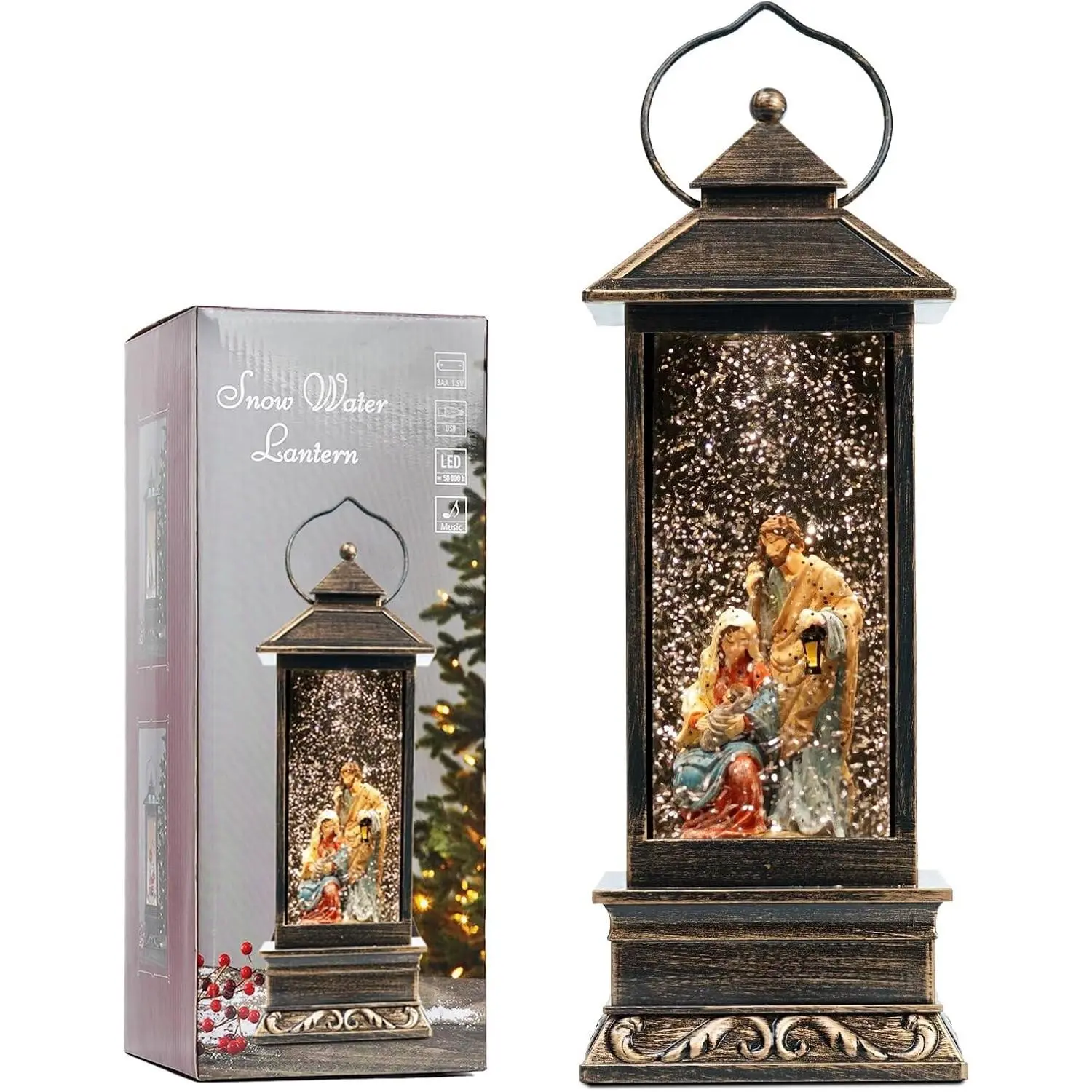 12" Christmas Nativity Snow Globe Lantern, Water Swirling Glitter LED Light with Music, USB/Battery Operated Vintage Religious Xmas Gift Home Decor