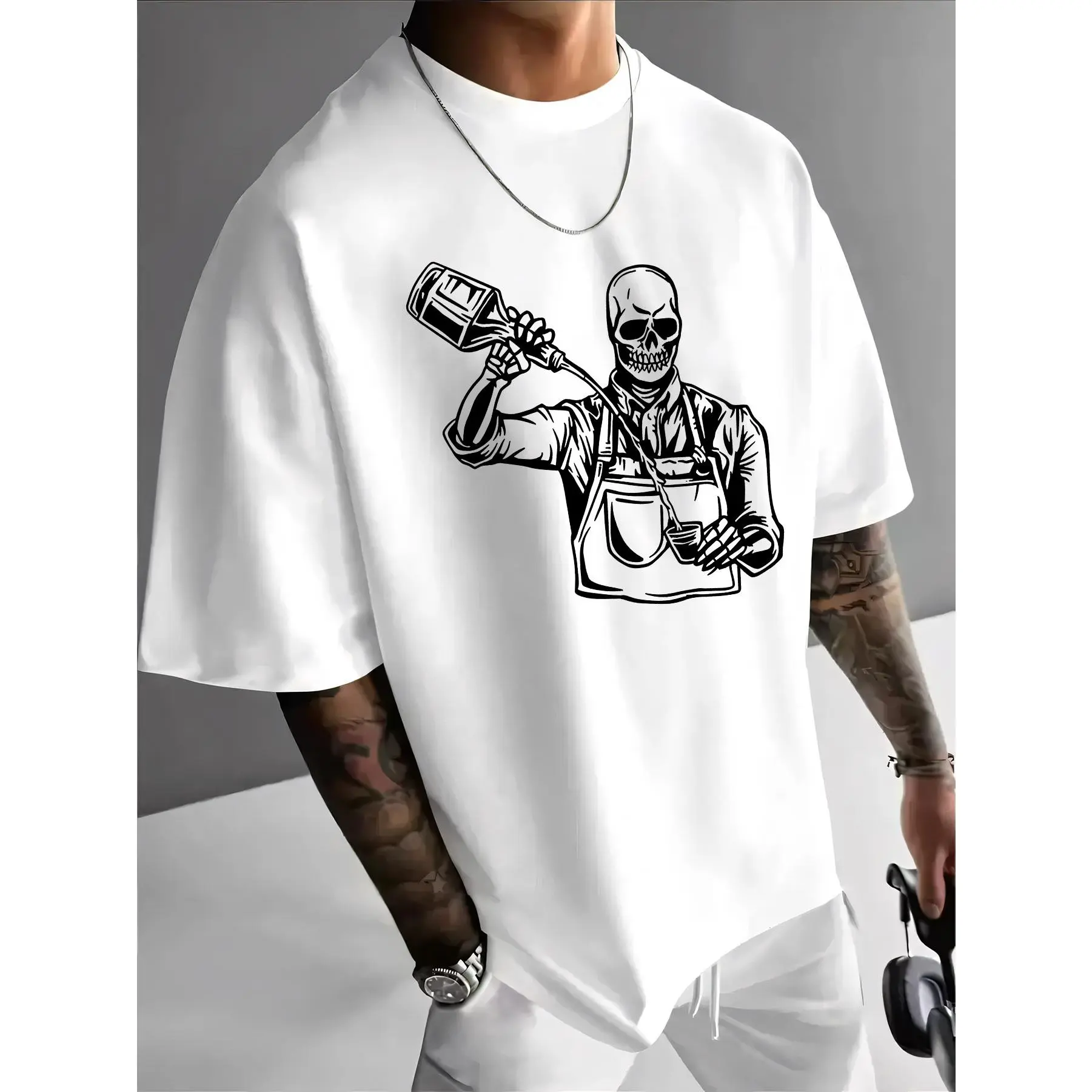 Men's Oversized Skeleton Bartender Graphic T-Shirt - Black-White Skull Bottle-Pouring Print, Dark Vintage High Street Tee for Cafe Bar Daily Outfits
