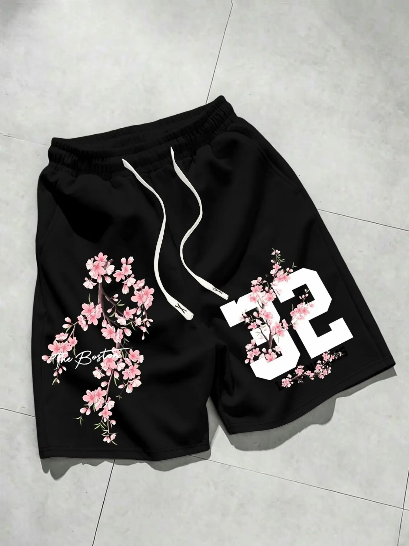 Men's Summer Casual Floral Shorts with Letter Number Cherry Blossom Print, Drawstring Waist, Pockets, Trendy Fashion Men's Shorts