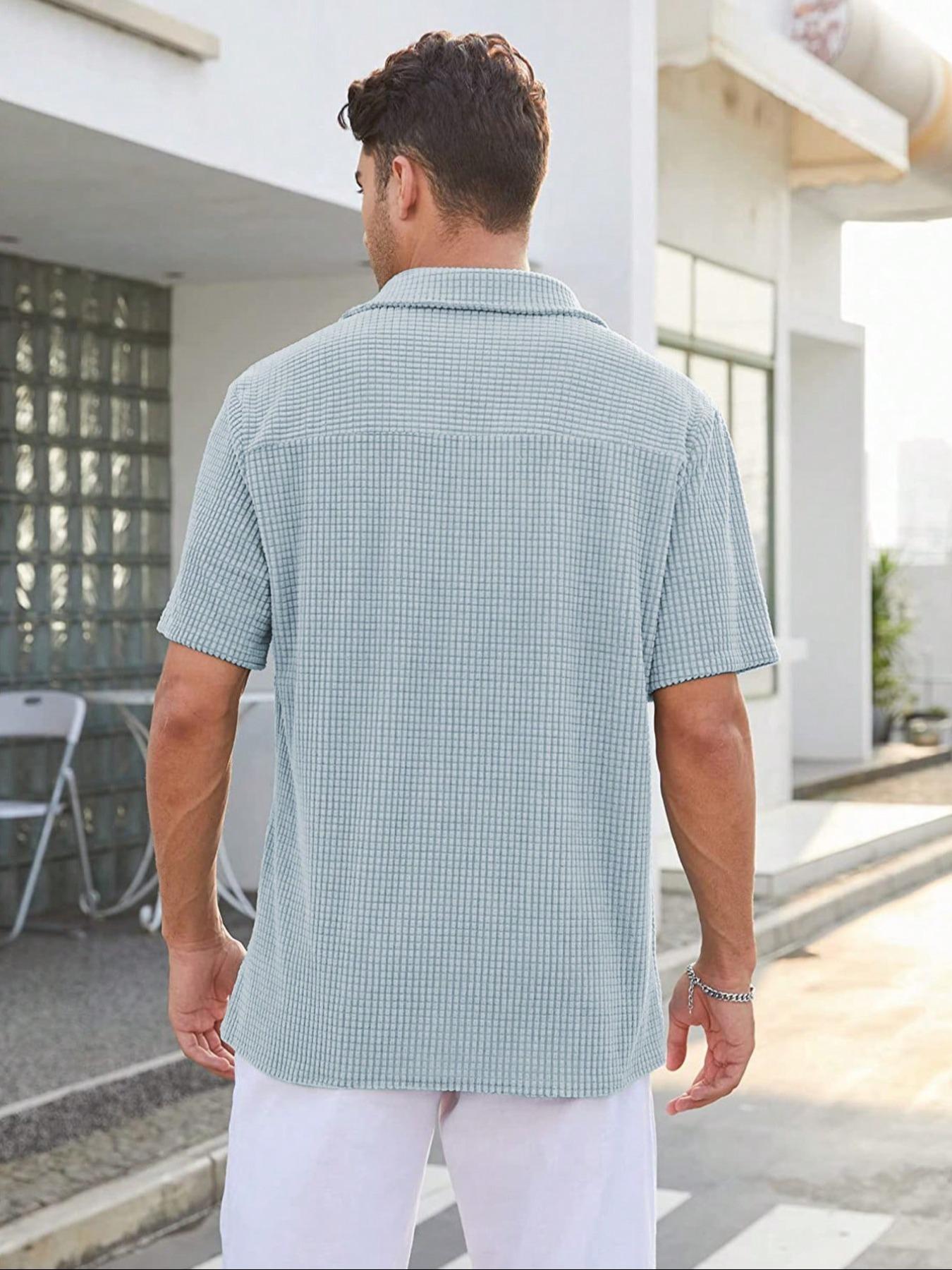 Men's Regular Fit Pocket Button Front Waffle Knit Polo Shirt, Casual Short Sleeve Top for Summer, Menswear for Daily Wear