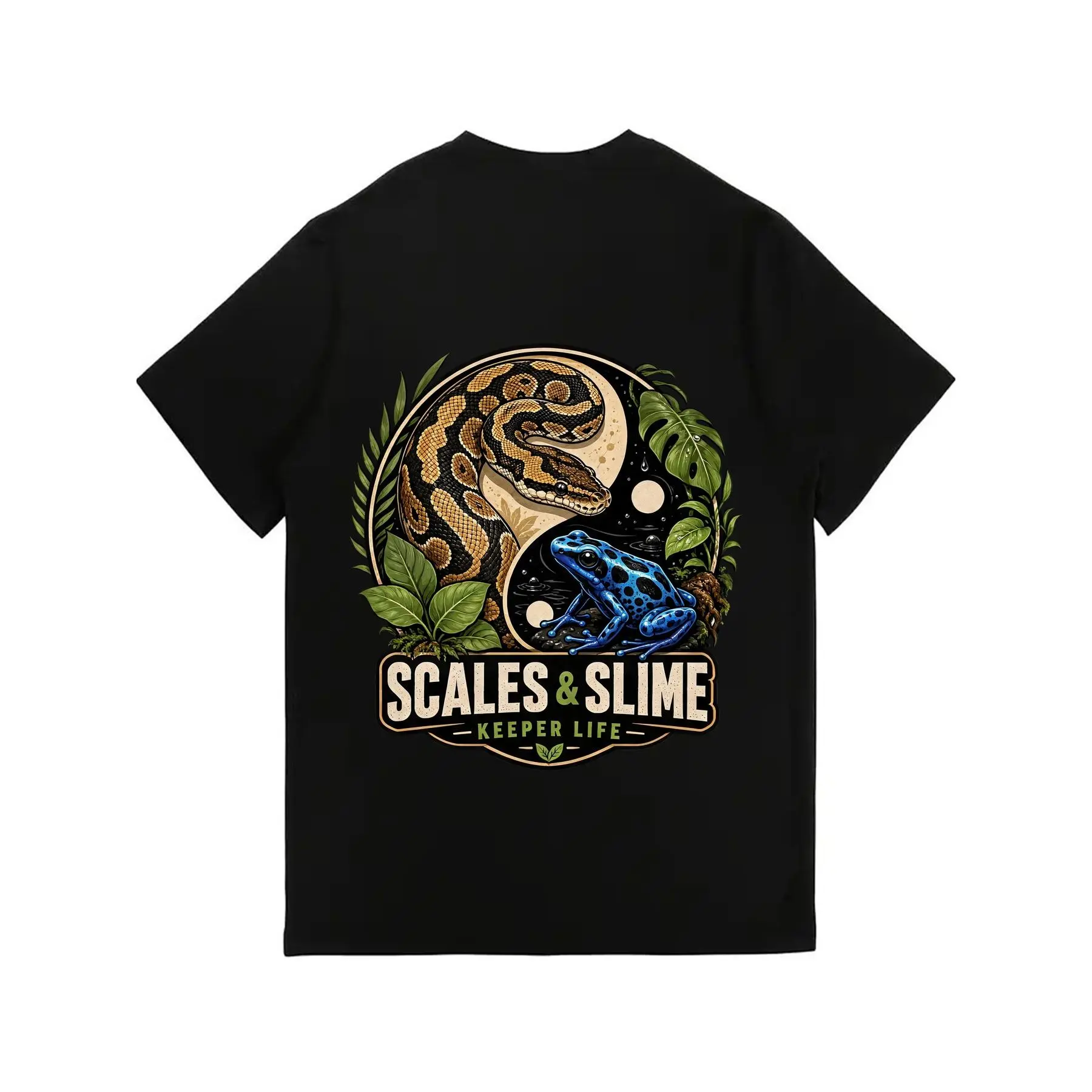 Unisex Yin Yang Print Short Sleeve Tops, Casual 100% Cotton T-Shirt with Ball Python & Dart Frog Reptile Graphic Back Print