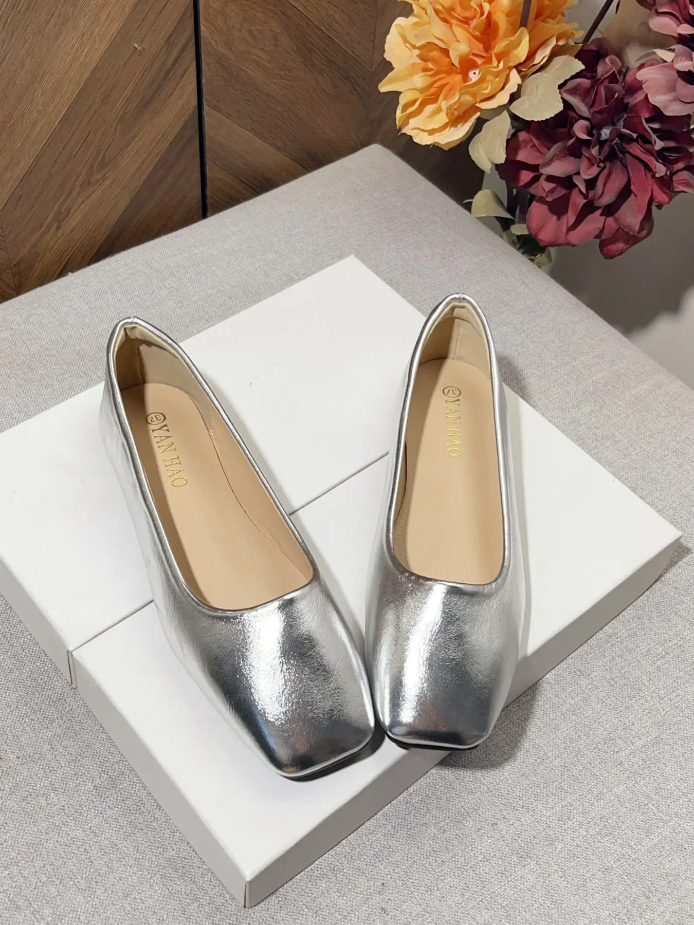 Women's Square Toe Ballet Flats, Silver Color Glossy Material, Comfortable Soft Sole, Ideal for Daily Wear, Office, Dating, Shopping, Ballerina Flats