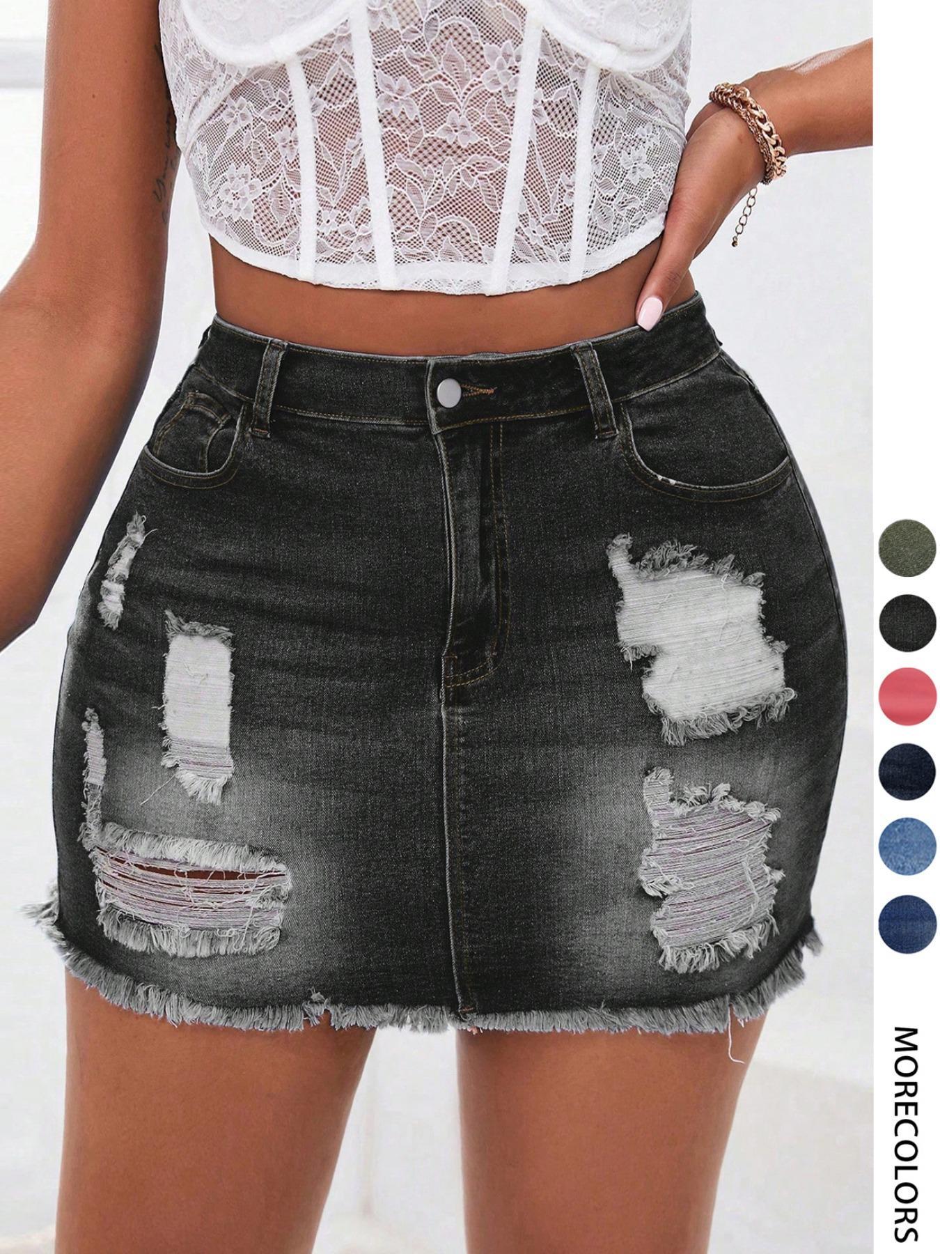 Women's Distressed Fit Denim Skirt, Fashion Casual Ripped Short Skirt with Button for Daily Outdoor Wear, Micro Skirt, Ladies Bottoms for Summer