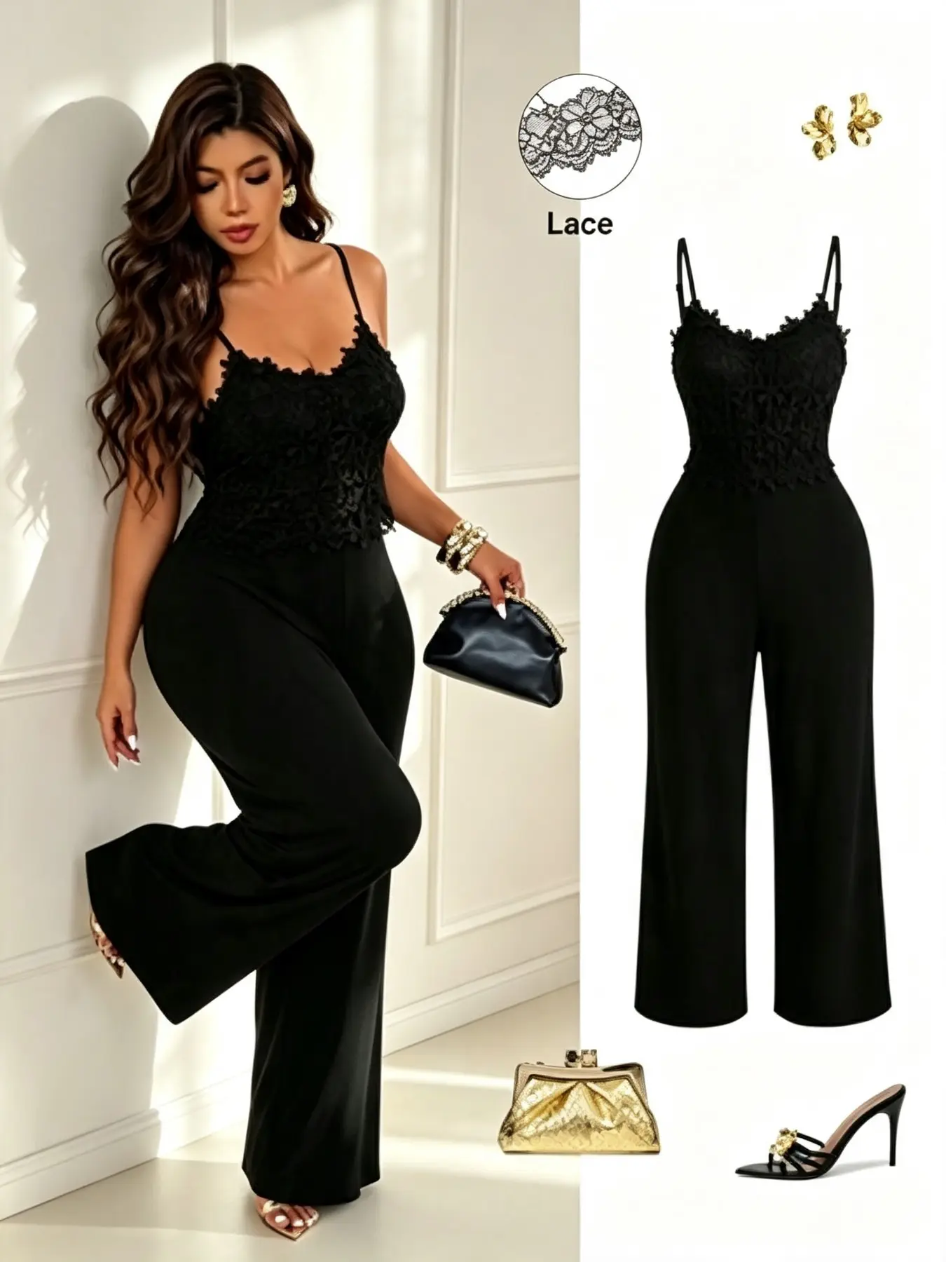 Plus Size Lace Spaghetti Strap Halter Jumpsuit, High Waist Slim Fit, Wide Leg Bell Bottoms, Fashionable Spring & Fall Wear, Plain Surface Design