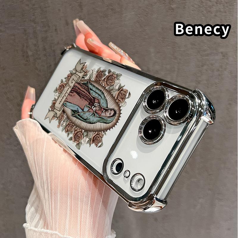 Protective Four Corners Plated Clear Phone case for iPhone 17 Pro Max 16 15 Plus Air 14 13 12 11 E Guardian Angel Patterned Shockproof Transparent Soft Silicone Cover