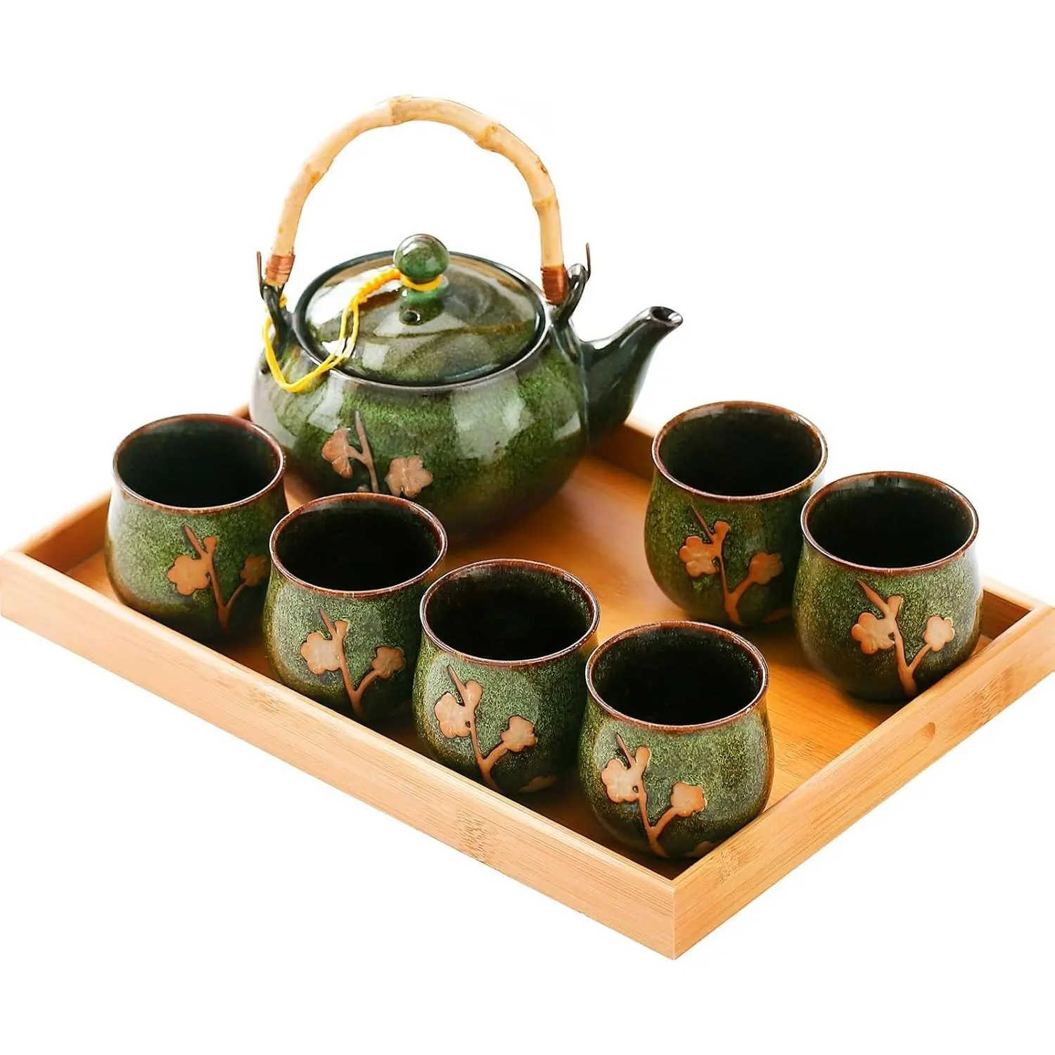Traditional Japanese Kiln altered glaze Porcelain Tea Set with 1 Teapot, 6 Tea cups, 1 Tea Tray, Asian green tea set